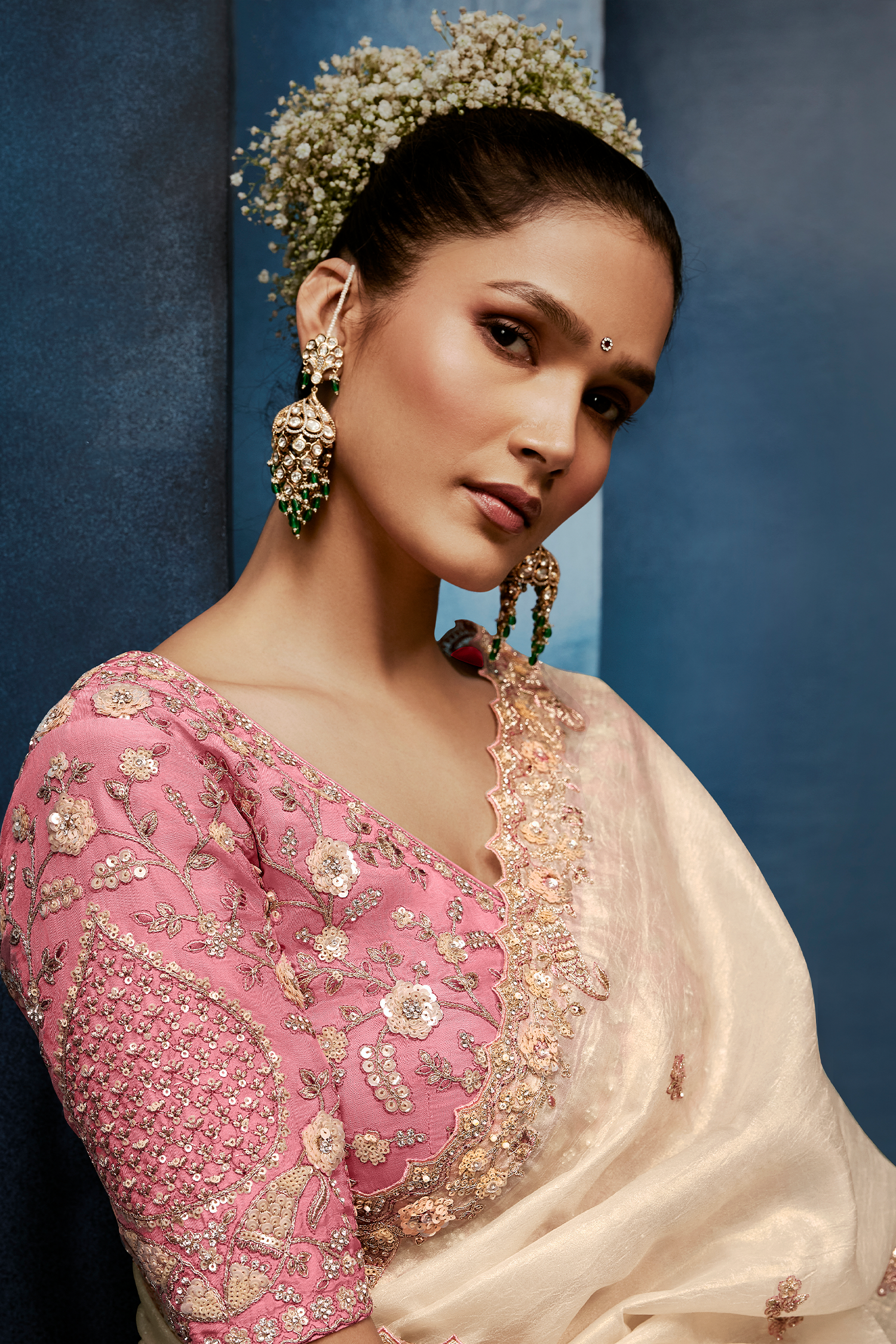 Ivory White Saree with Rose Pink Floral Embroidered Blouse