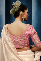 Ivory White Saree with Rose Pink Floral Embroidered Blouse