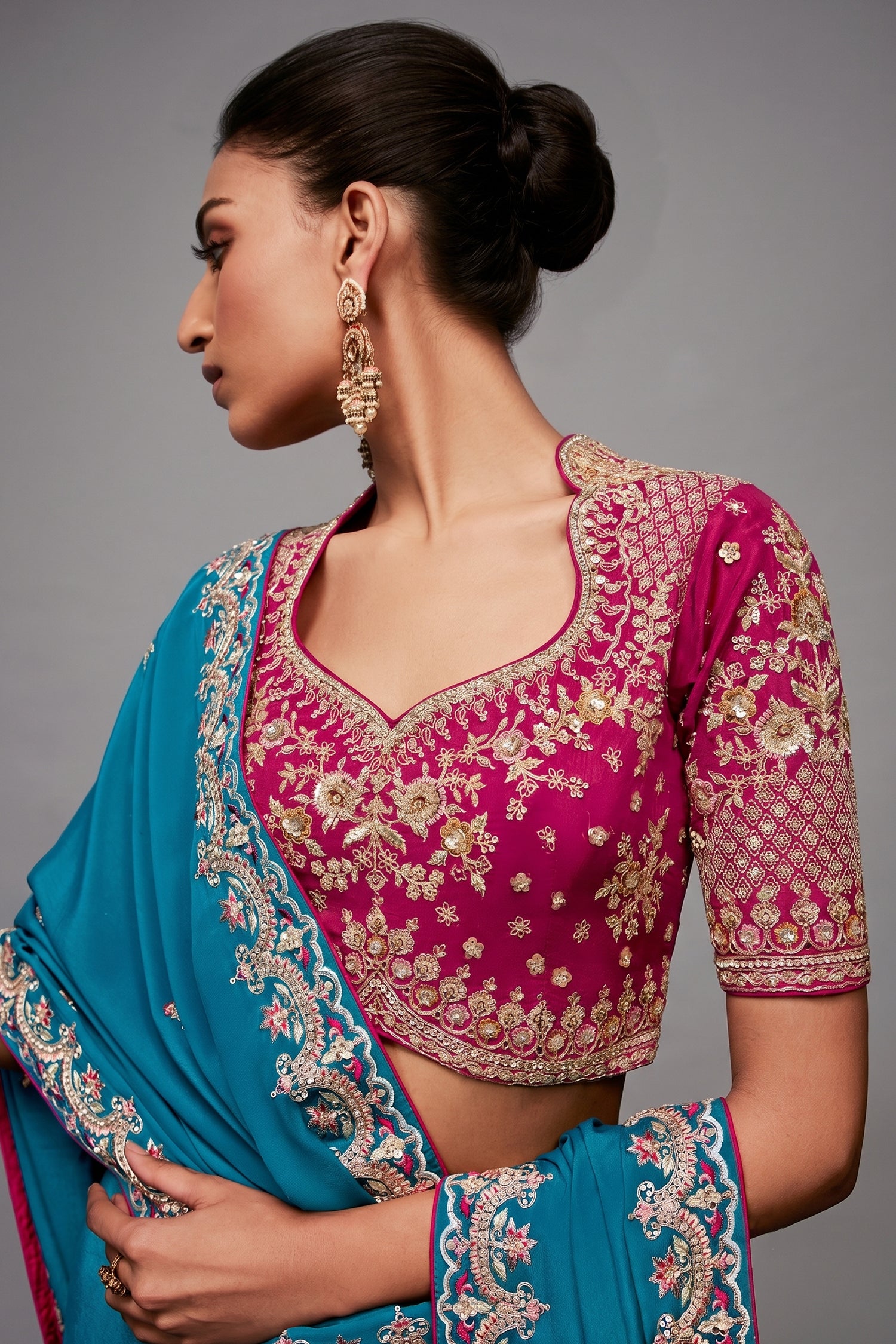 Teal Blue Saree with Magenta Contrasting Embroidered Blouse Secondary image