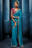 Teal Blue Saree with Magenta Contrasting Embroidered Blouse