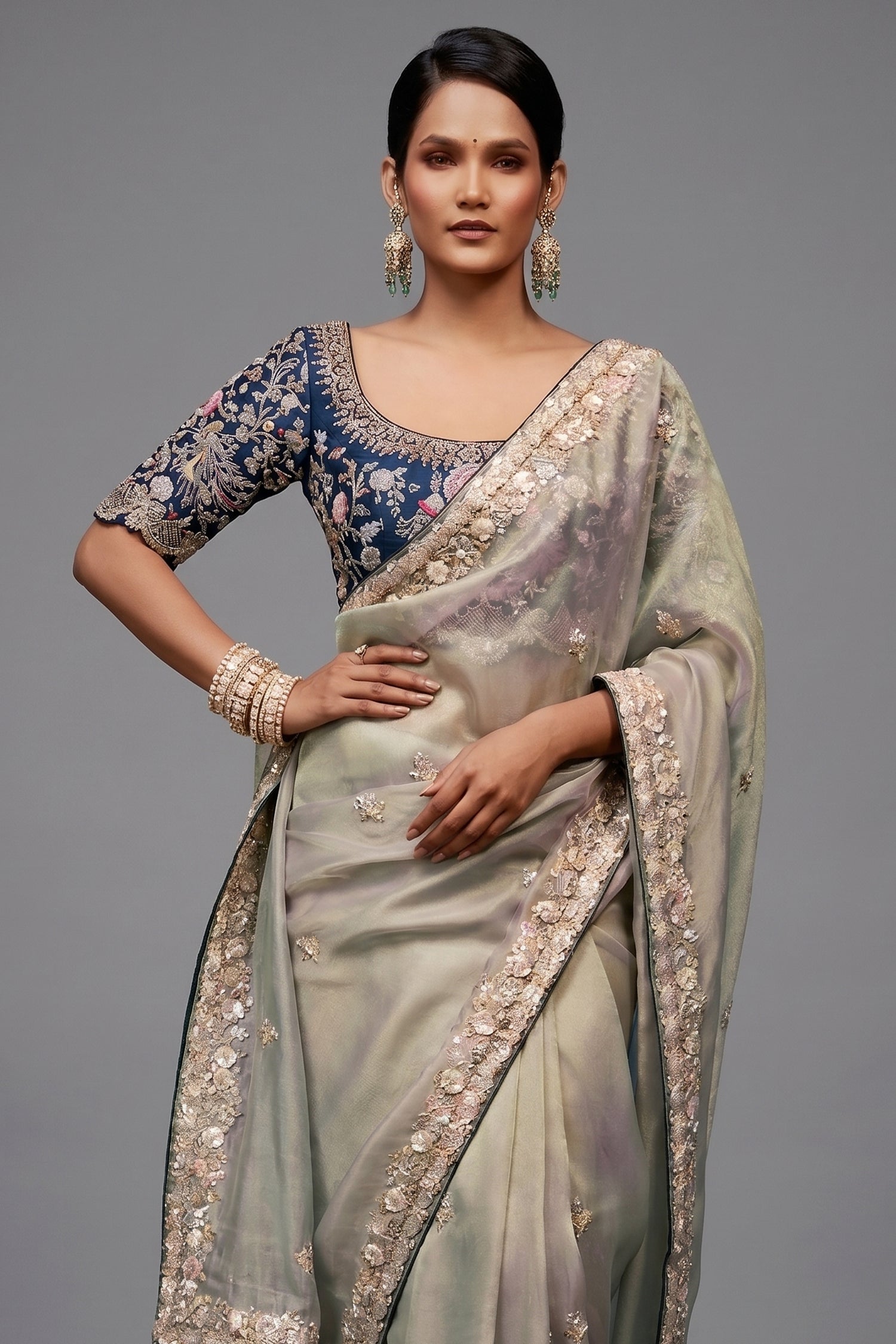 Pastel Mint Grey Organza Saree with Midnight Blue Peacock Embroidered Blouse Secondary image