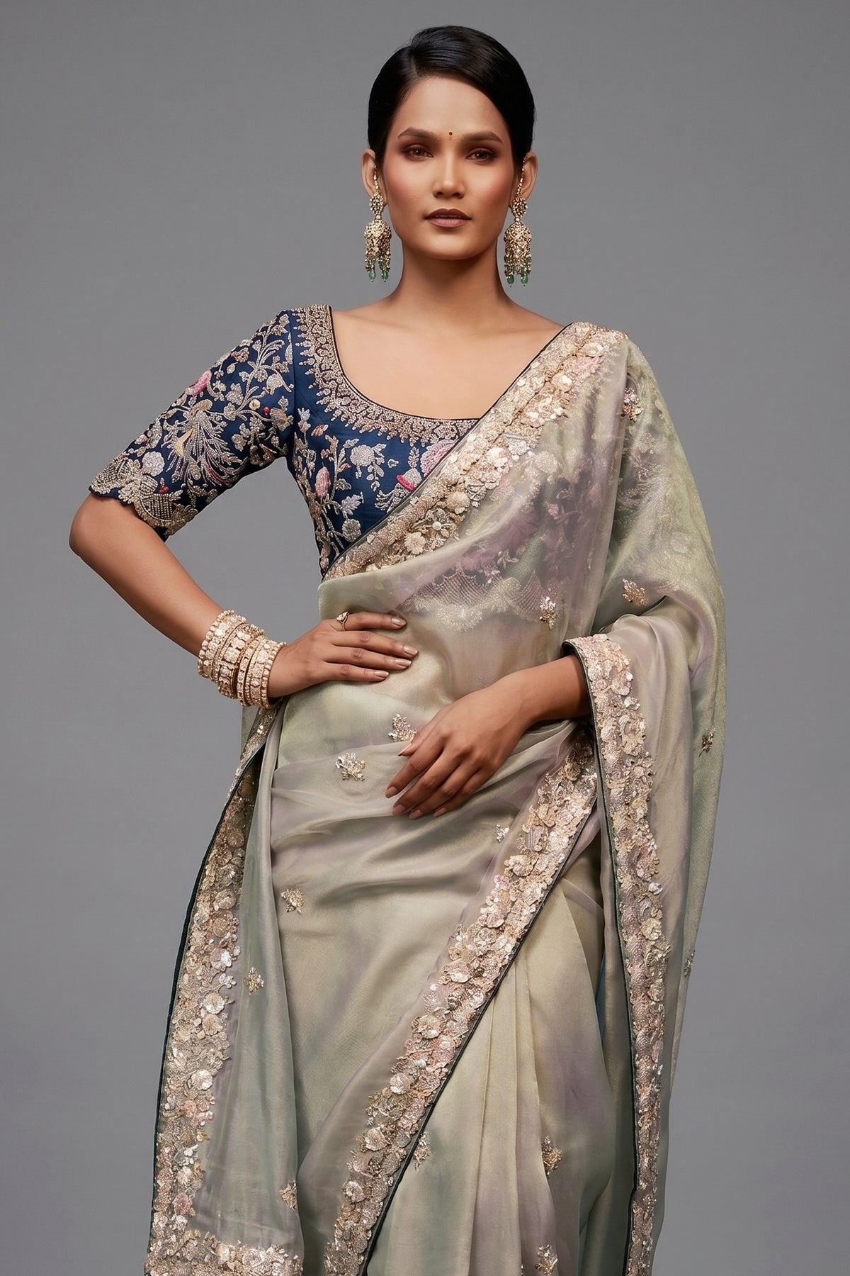 Pastel Mint Grey Organza Saree with Midnight Blue Peacock Embroidered Blouse