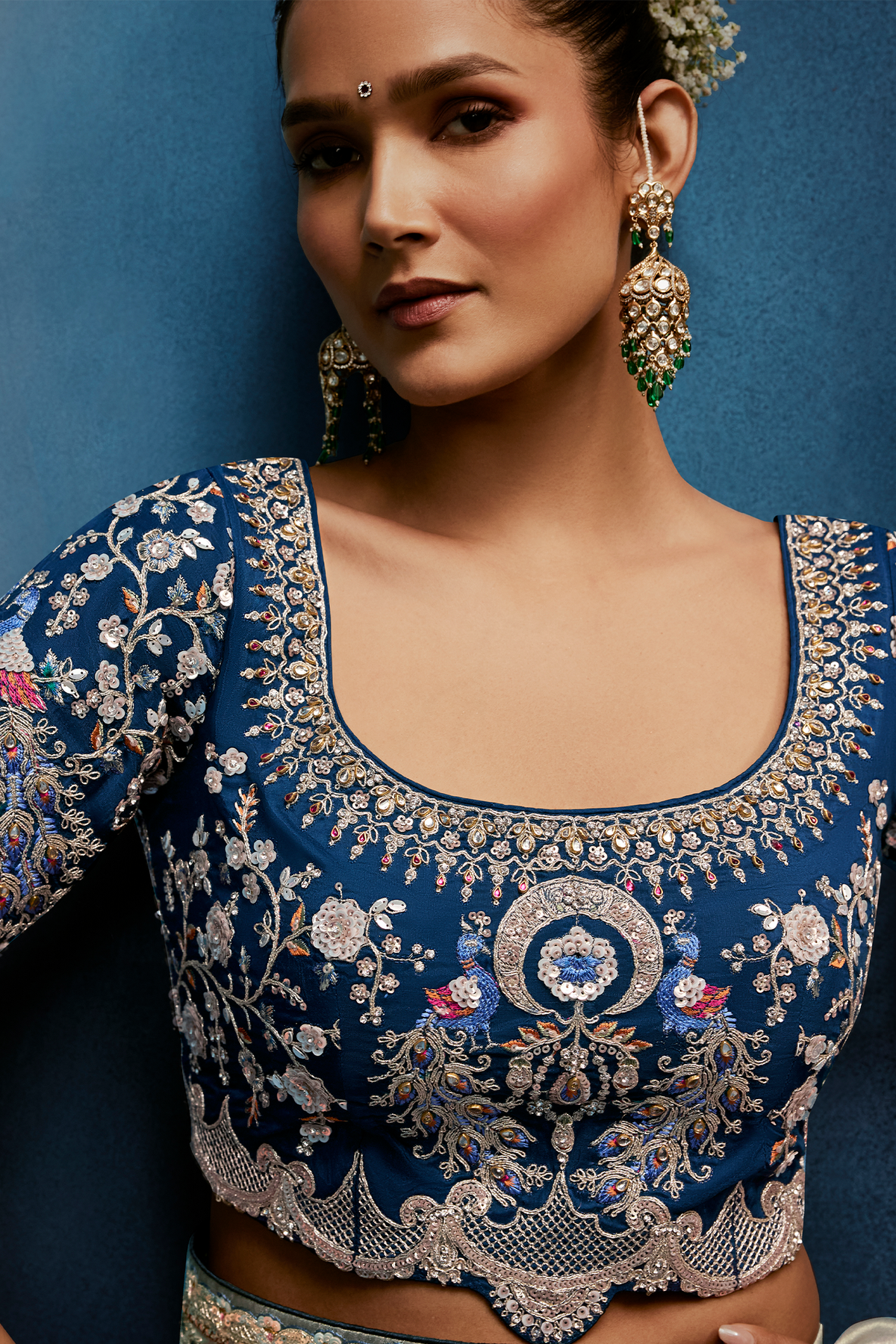 Pastel Mint Grey Organza Saree with Midnight Blue Peacock Embroidered Blouse