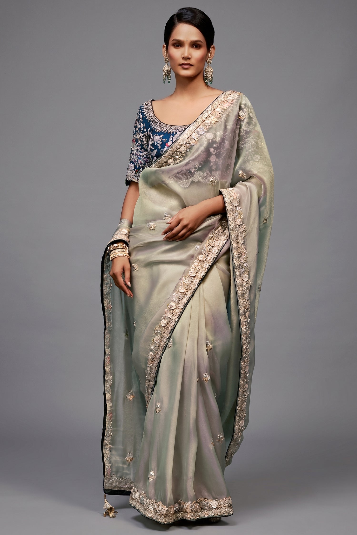 Pastel Mint Grey Organza Saree with Midnight Blue Peacock Embroidered Blouse Main image