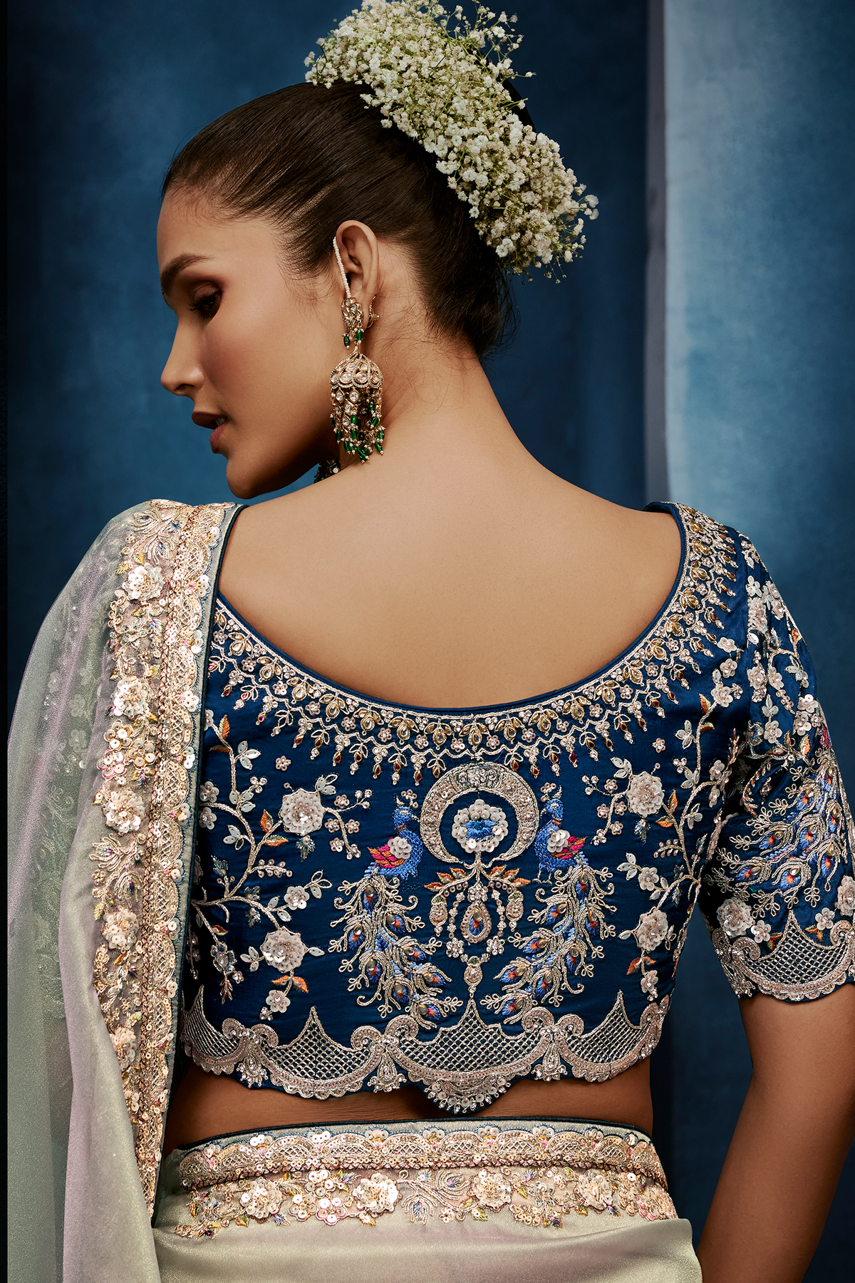 Pastel Mint Grey Organza Saree with Midnight Blue Peacock Embroidered Blouse