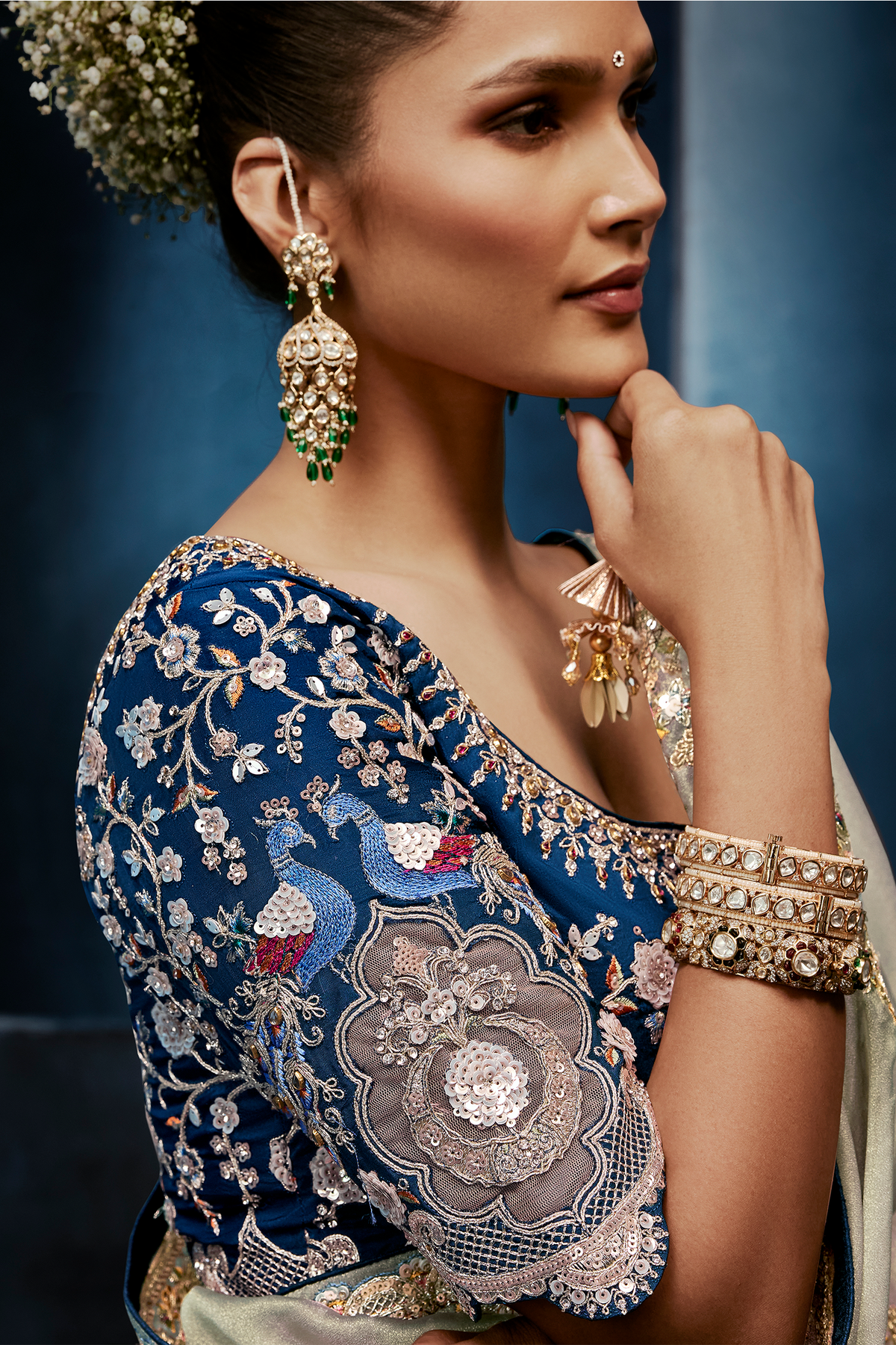 Pastel Mint Grey Organza Saree with Midnight Blue Peacock Embroidered Blouse