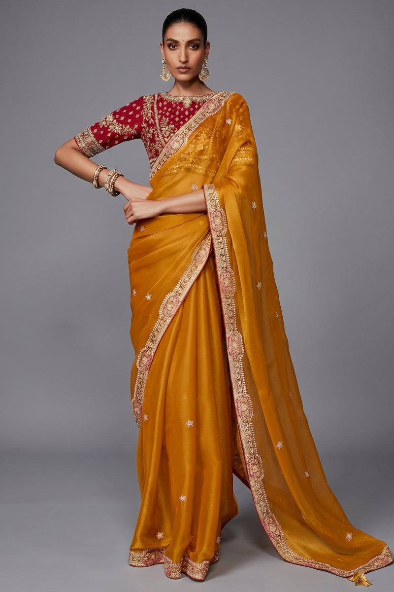 Mango Yellow Saree With Crimson Intricate Embroidered Blouse