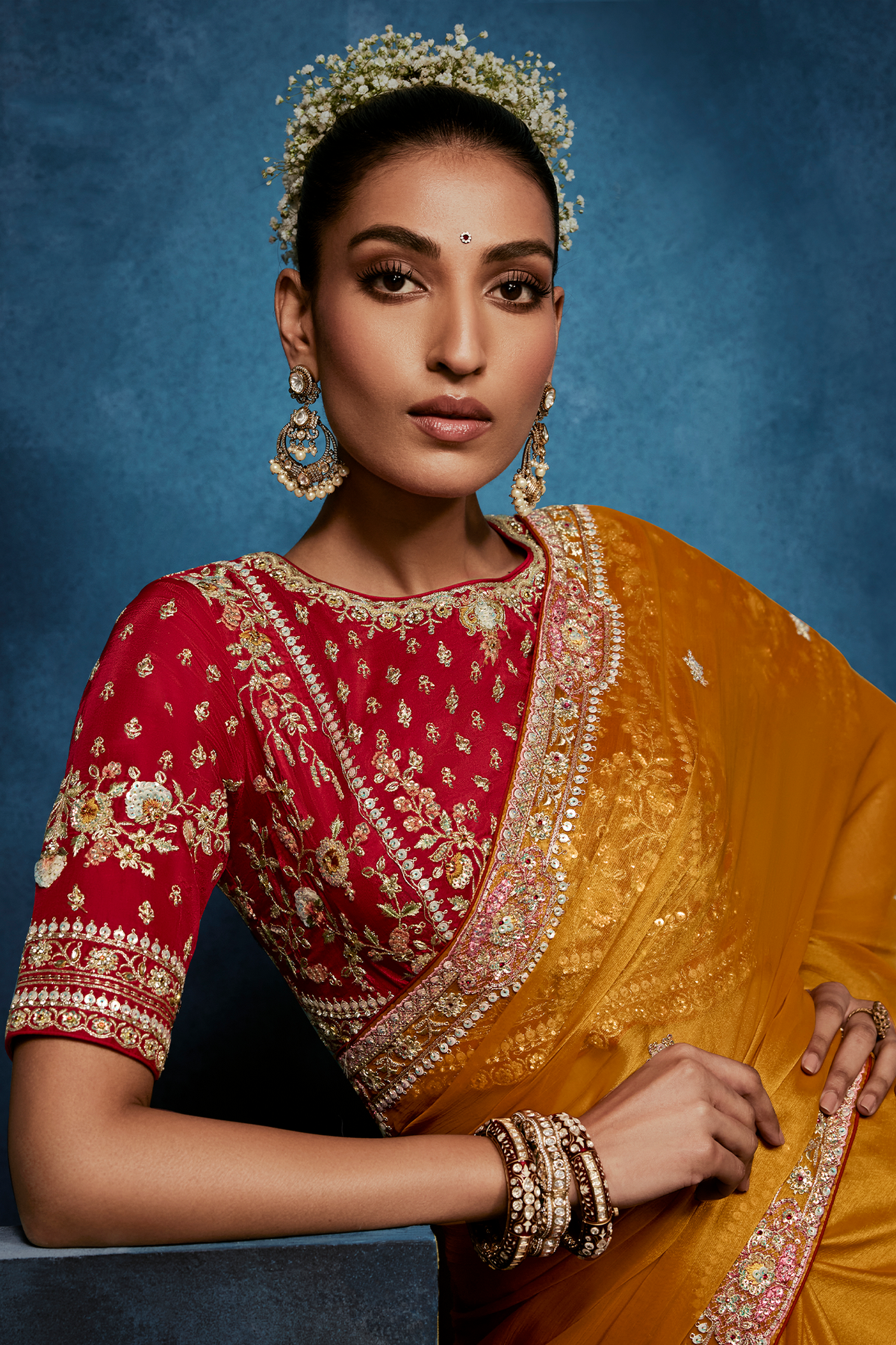 Mango Yellow Saree With Crimson Intricate Embroidered Blouse