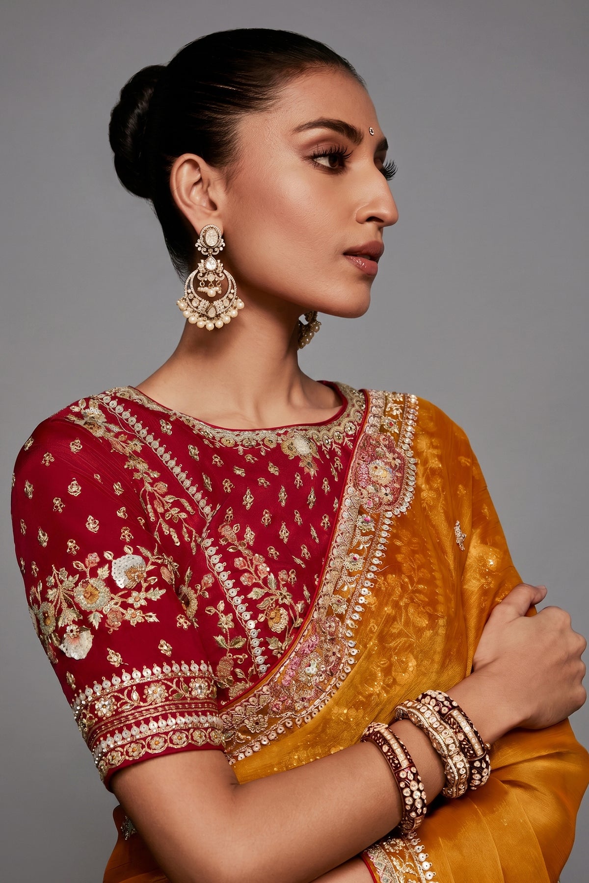 Mango Yellow Saree With Crimson Intricate Embroidered Blouse