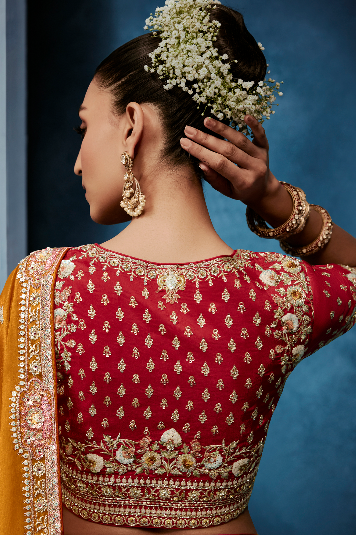 Mango Yellow Saree With Crimson Intricate Embroidered Blouse