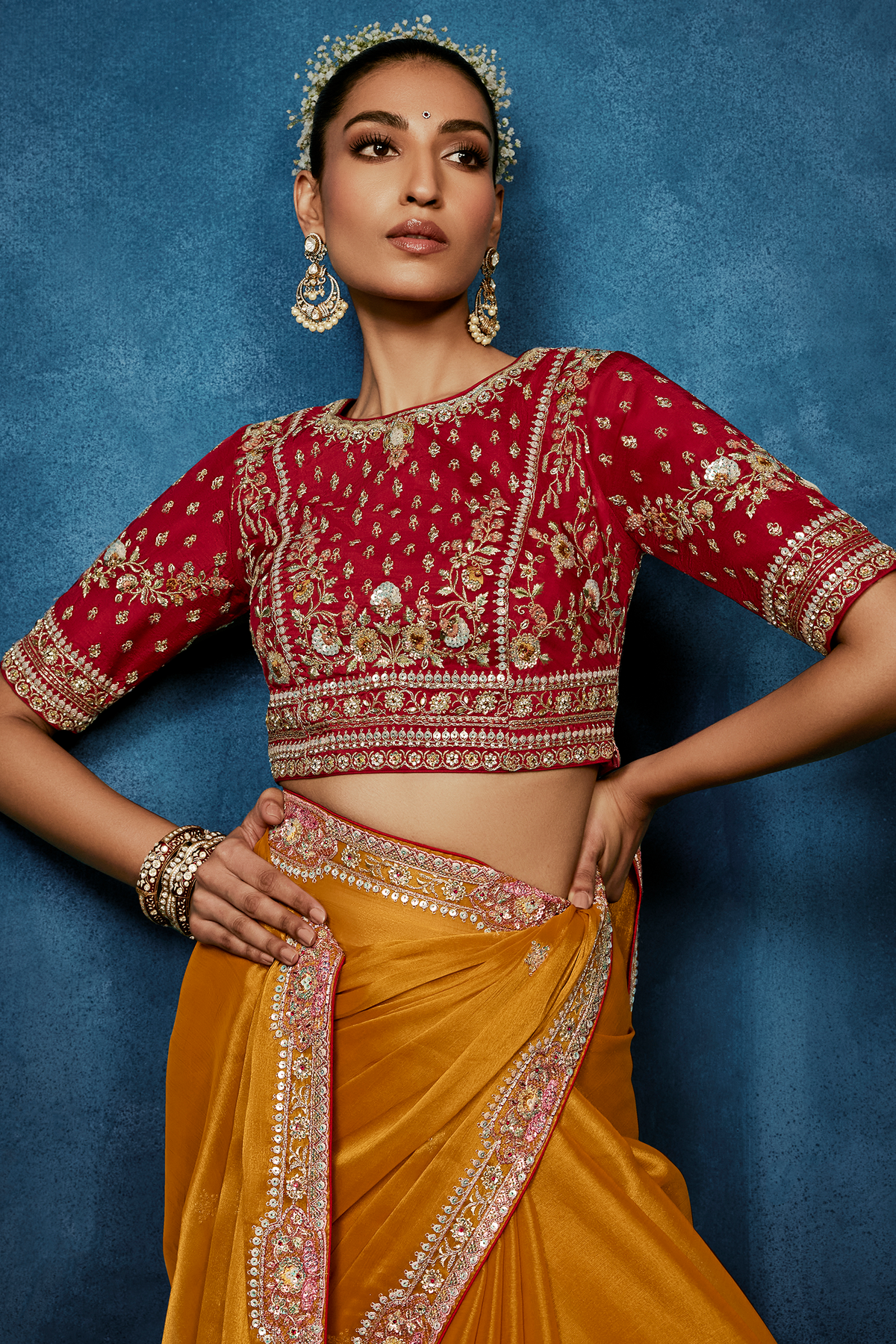 Mango Yellow Saree With Crimson Intricate Embroidered Blouse