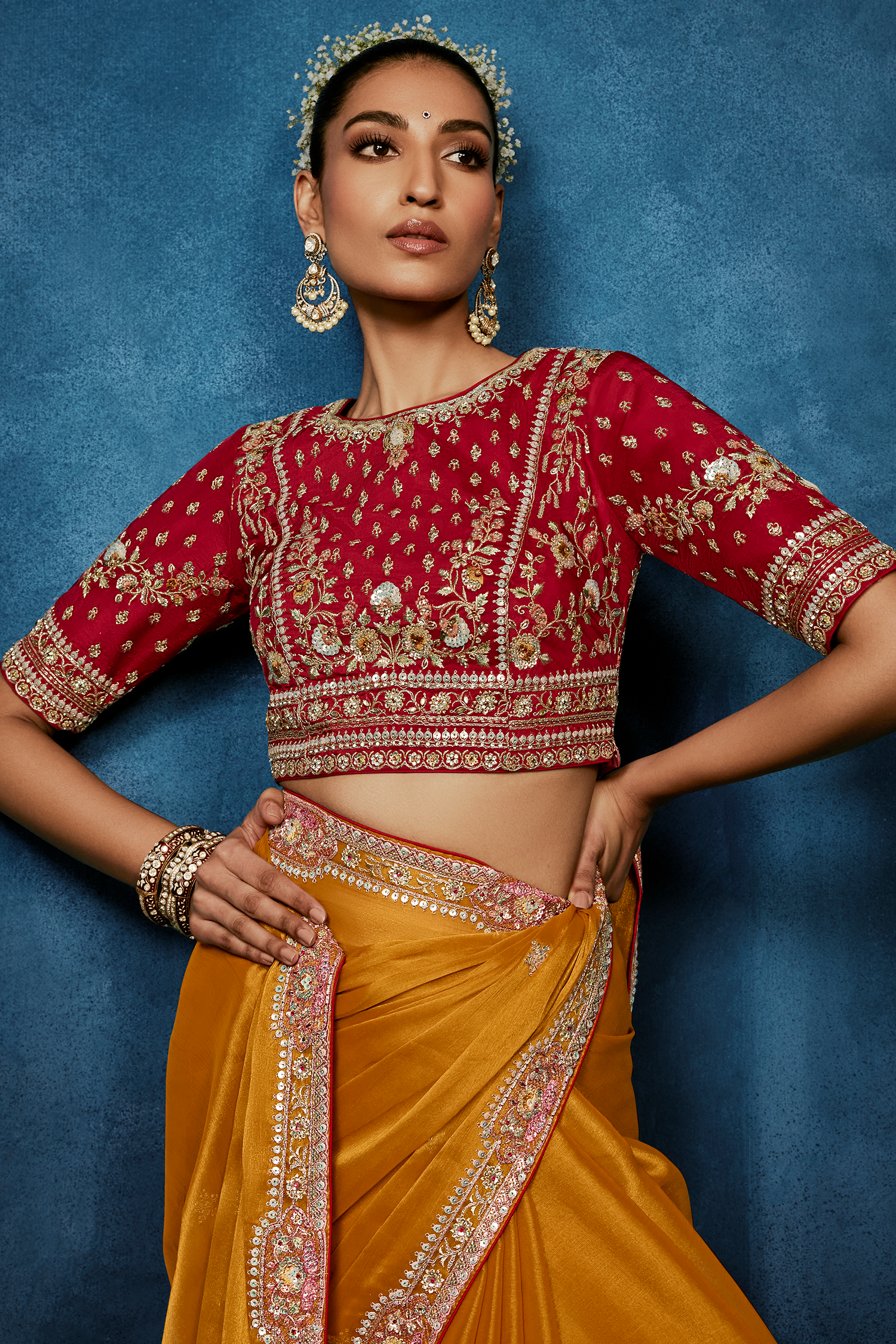 Mango Yellow Saree With Crimson Intricate Embroidered Blouse