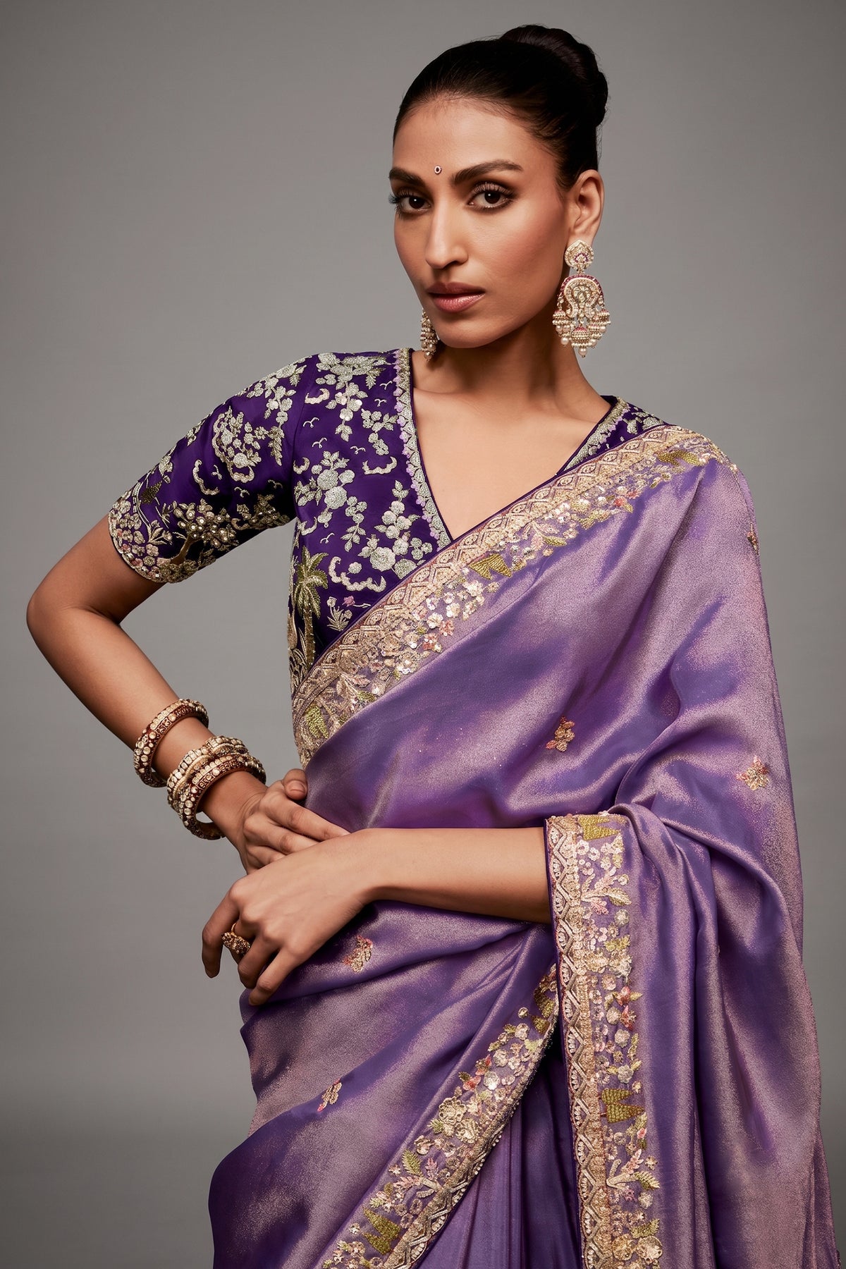 Lilac Purple Shimmer Saree with Deep Violet Floral Embroidered Blouse
