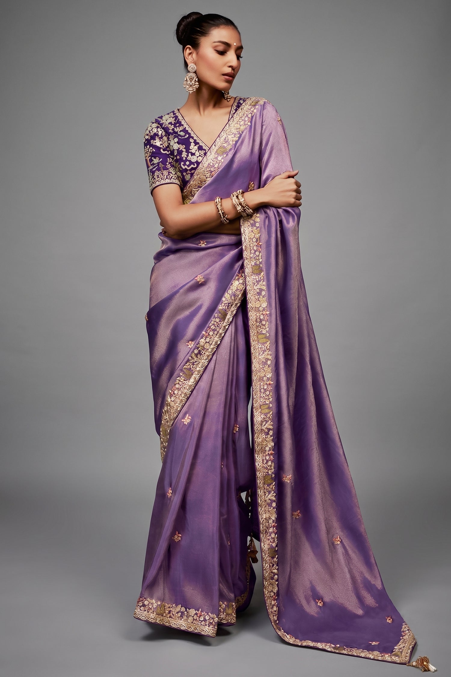 Lilac Purple Shimmer Saree with Deep Violet Floral Embroidered Blouse Main image