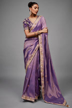 Lilac Purple Shimmer Saree with Deep Violet Floral Embroidered Blouse