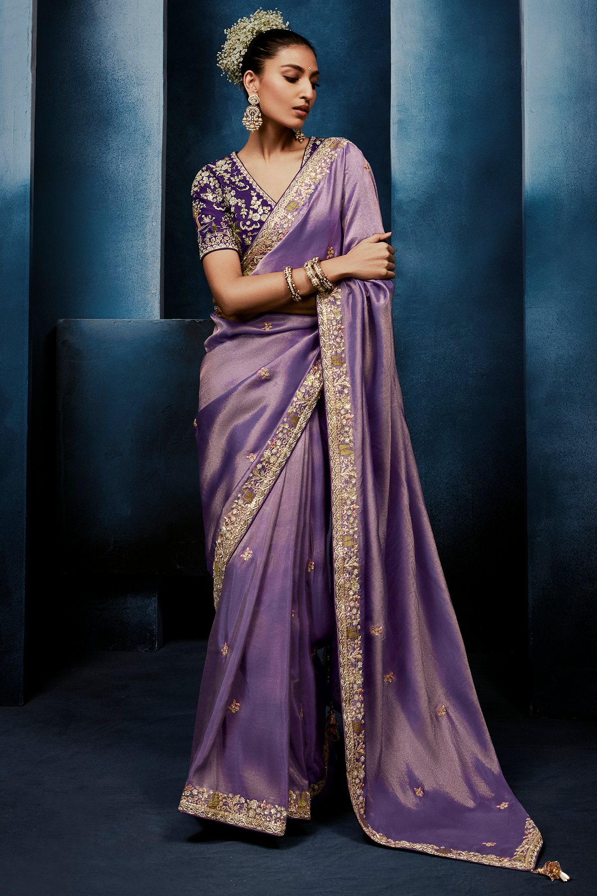 Lilac Purple Shimmer Saree with Deep Violet Floral Embroidered Blouse