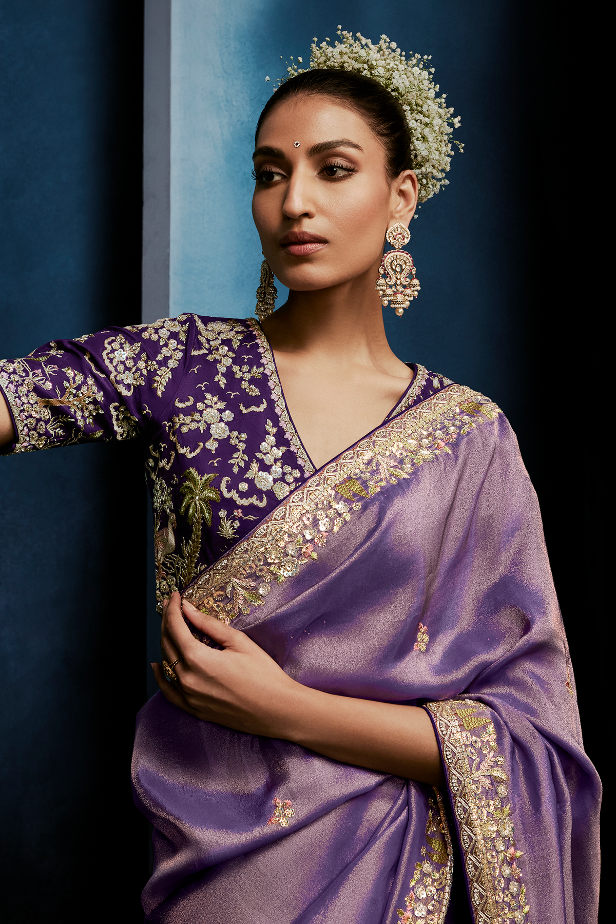 Lilac Purple Shimmer Saree with Deep Violet Floral Embroidered Blouse
