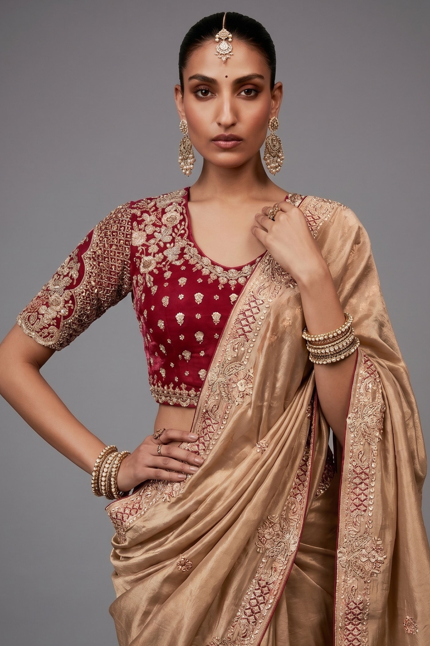 Champagne Gold Satin Saree with Maroon Heavy Embroidered Blouse Secondary image