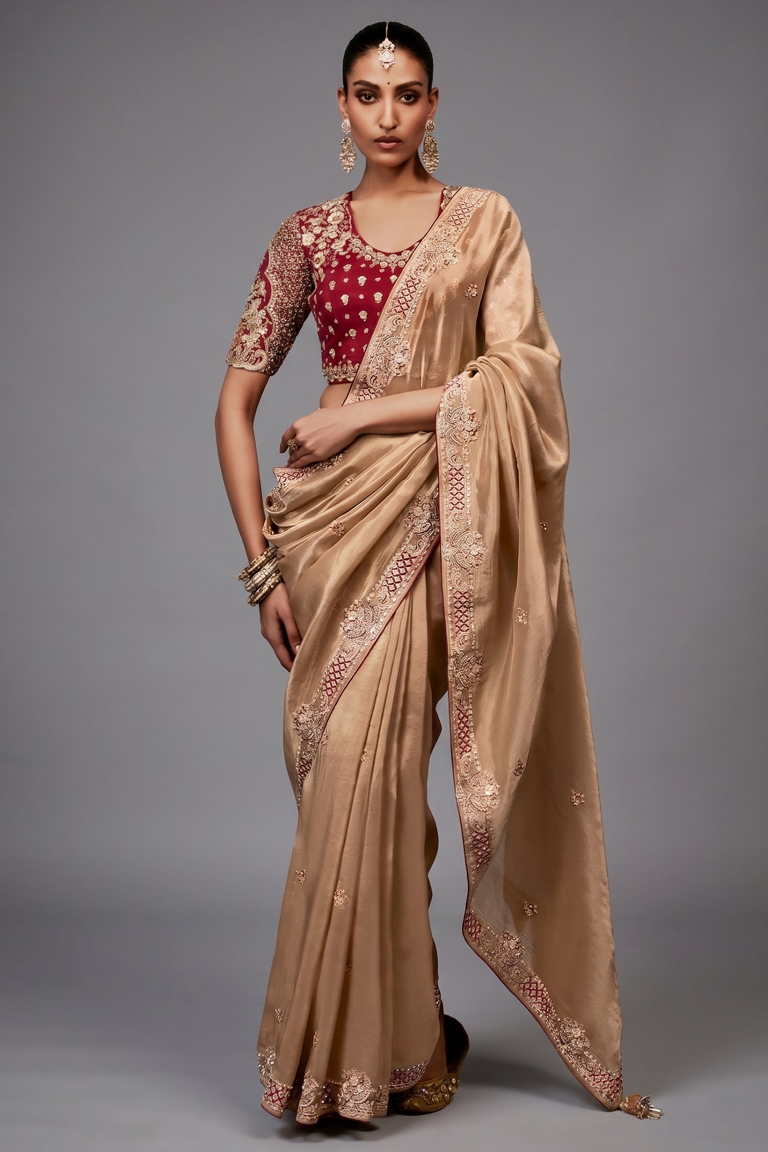 Champagne Gold Satin Saree with Maroon Heavy Embroidered Blouse Main image