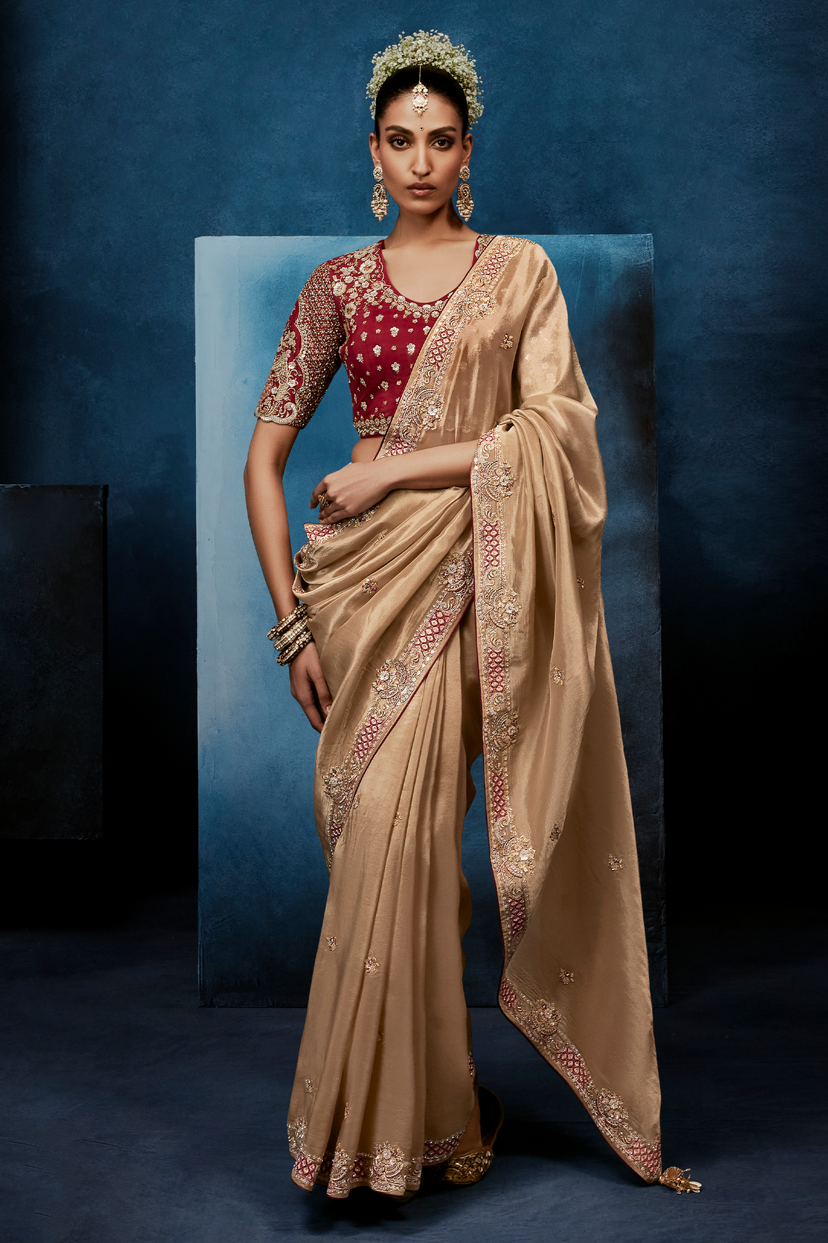 Champagne Gold Satin Saree with Maroon Heavy Embroidered Blouse