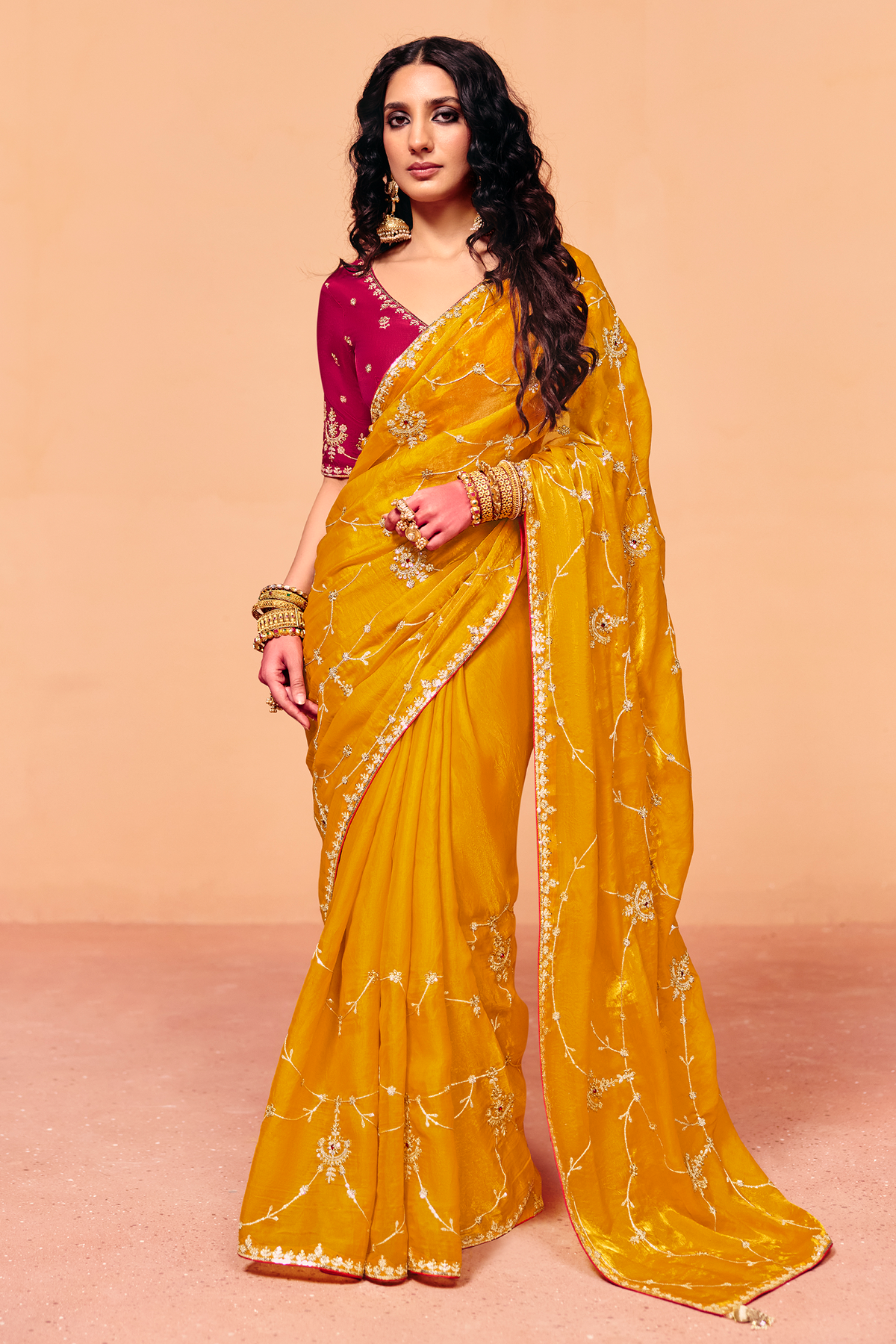 Mustard Yellow Organza Satin Saree With Heavy Sequin Embroidery And Contrasting Magenta Blouse