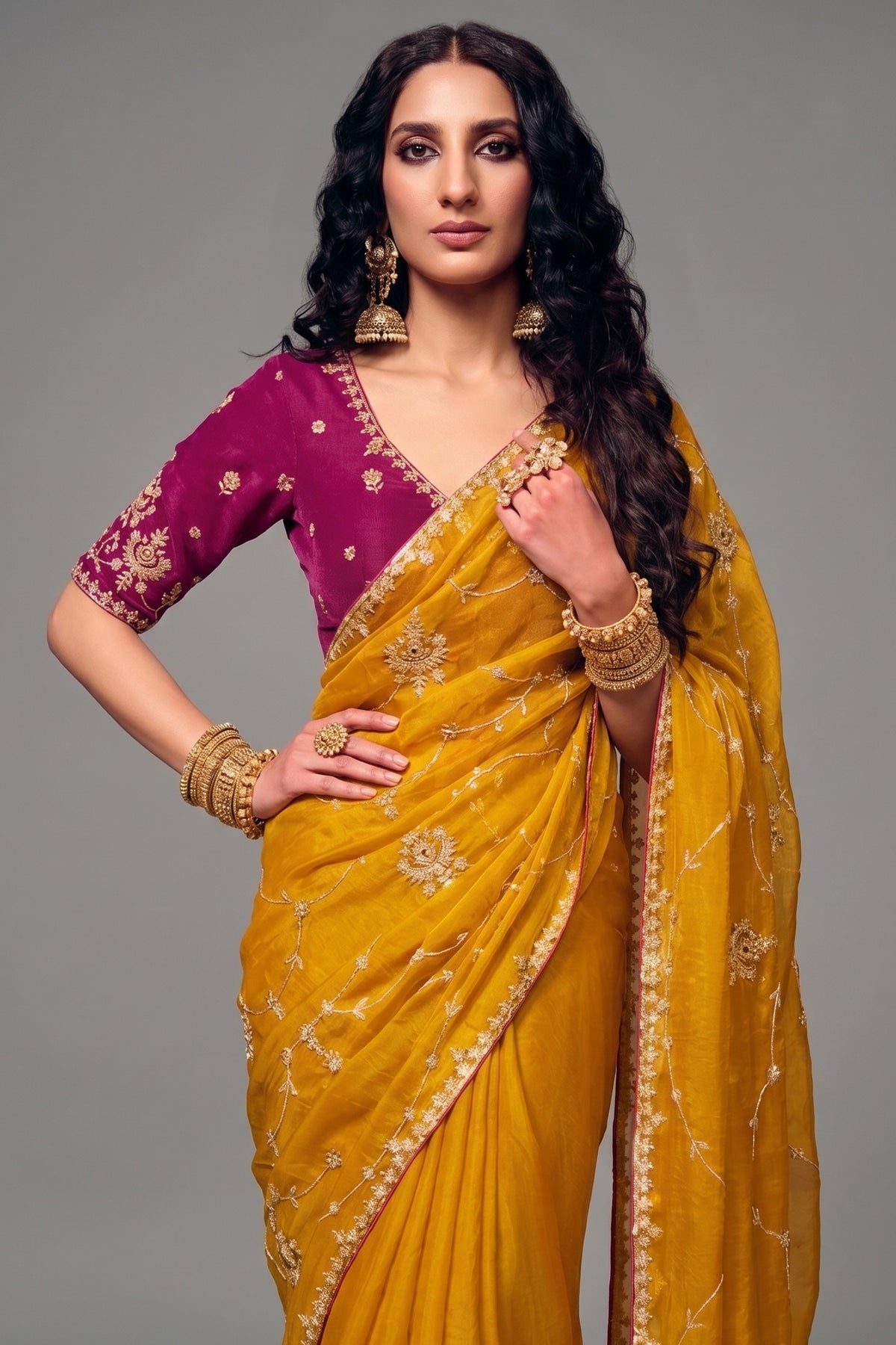 Mustard Yellow Organza Satin Saree With Heavy Sequin Embroidery And Contrasting Magenta Blouse