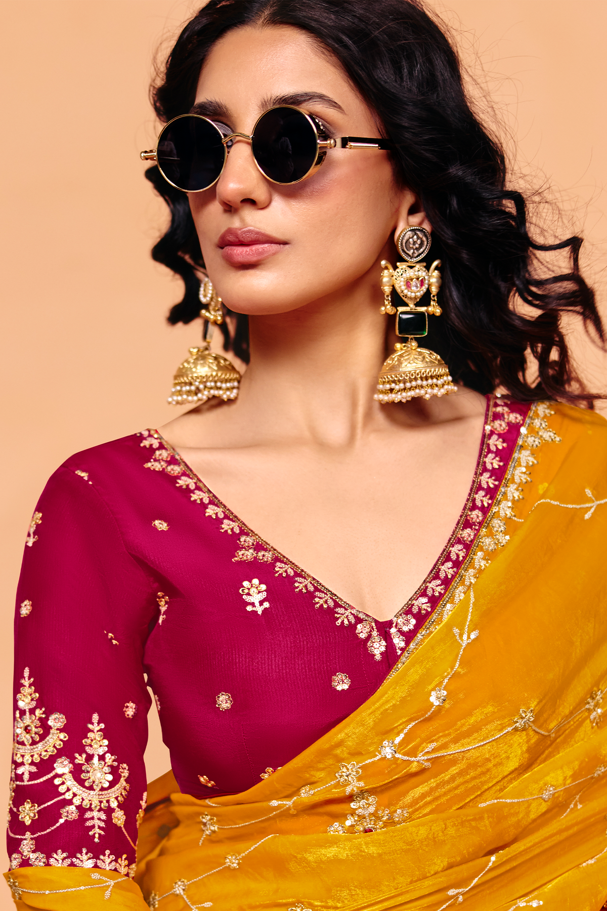 Mustard Yellow Organza Satin Saree With Heavy Sequin Embroidery And Contrasting Magenta Blouse