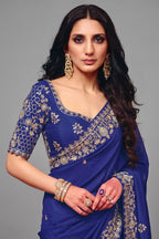 Royal Blue Satin Saree Adorned with Heavy Sequin Embroidery