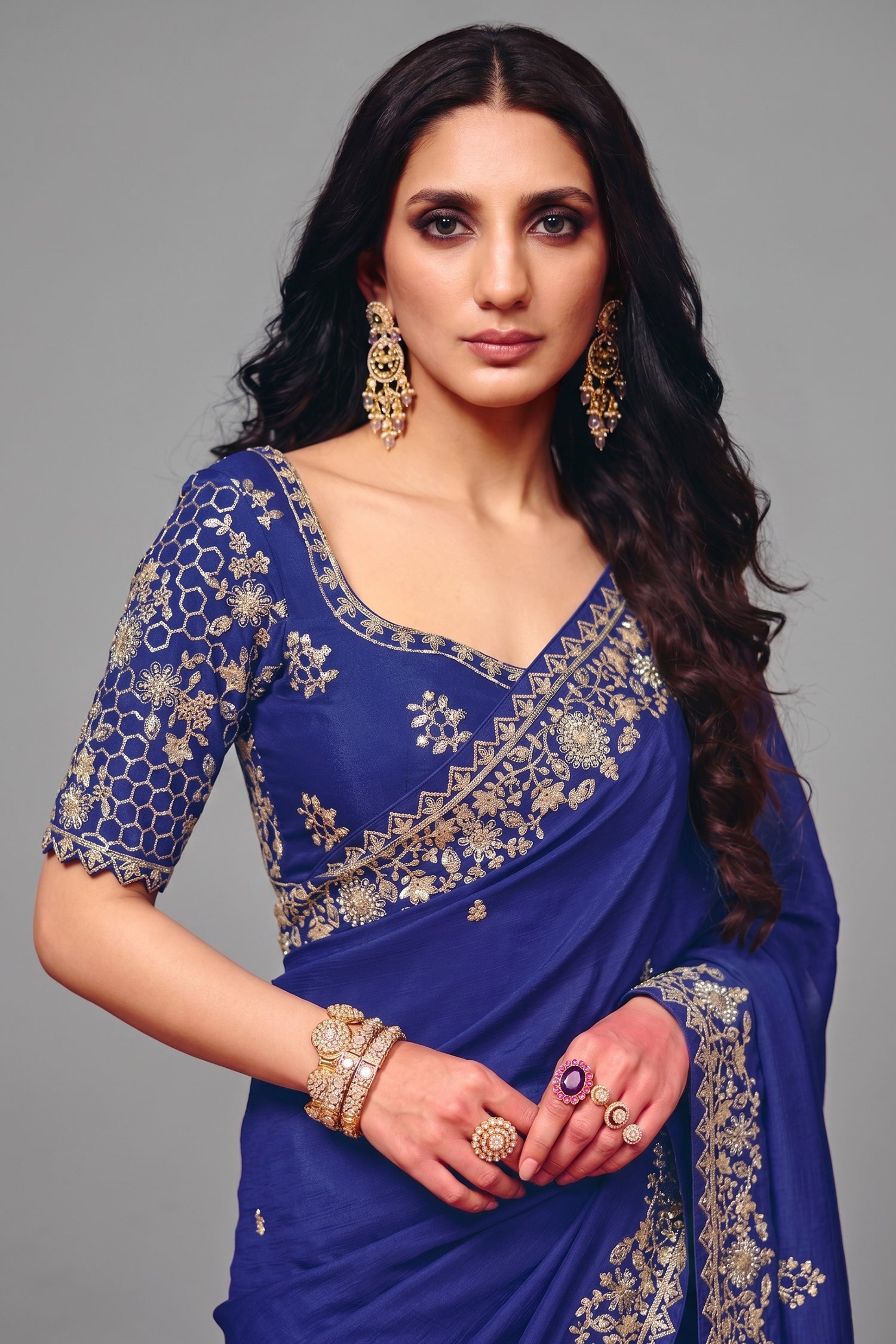 Royal Blue Satin Saree Adorned with Heavy Sequin Embroidery