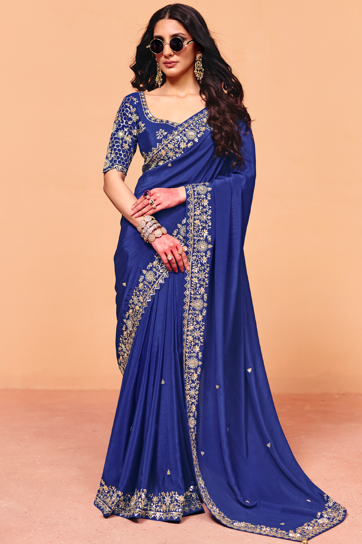 Royal Blue Satin Saree Adorned with Heavy Sequin Embroidery