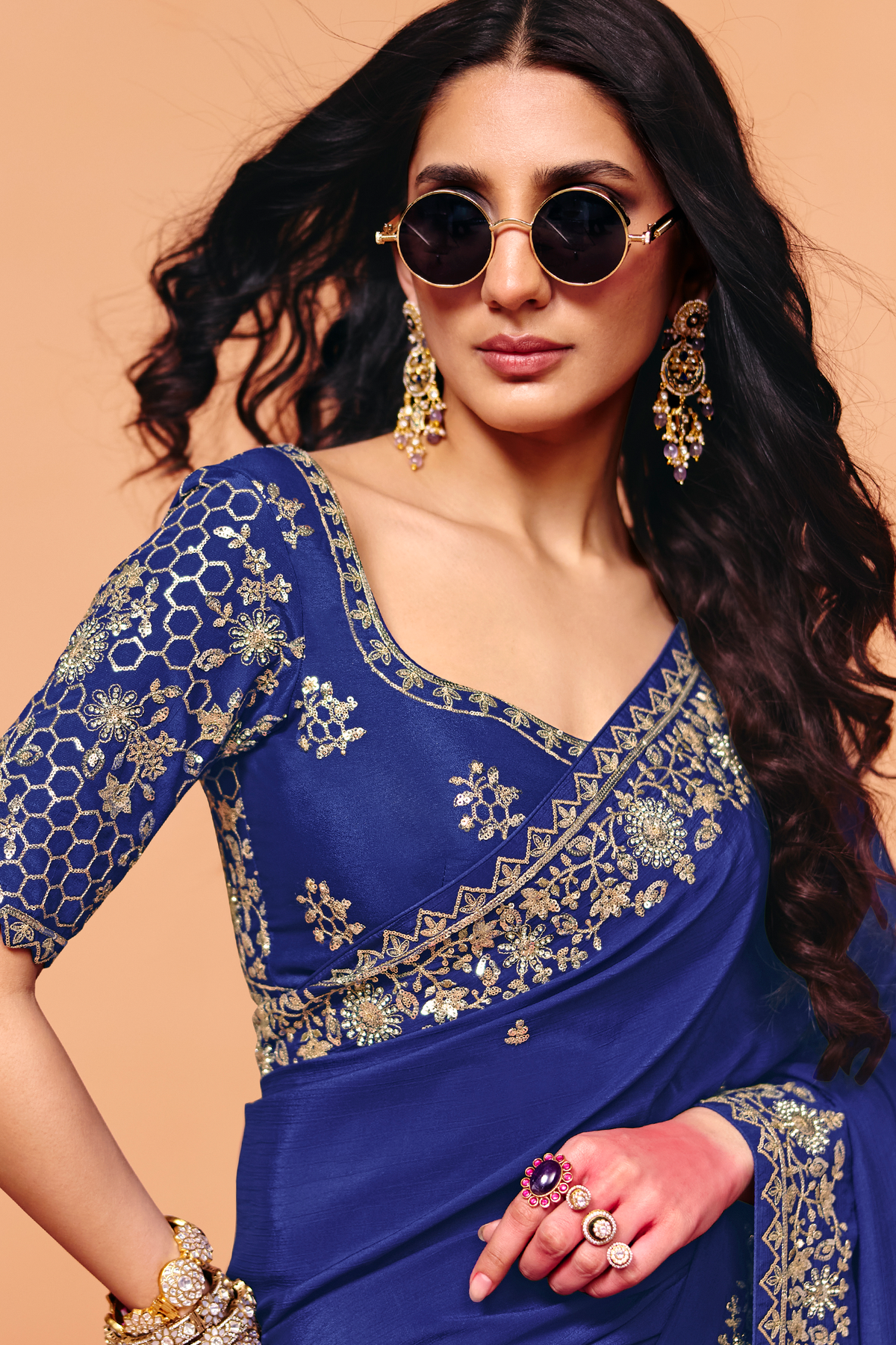 Royal Blue Satin Saree Adorned with Heavy Sequin Embroidery