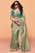 Mint Green Saree In Scallop Border with Featuring Intricate Sequin Work