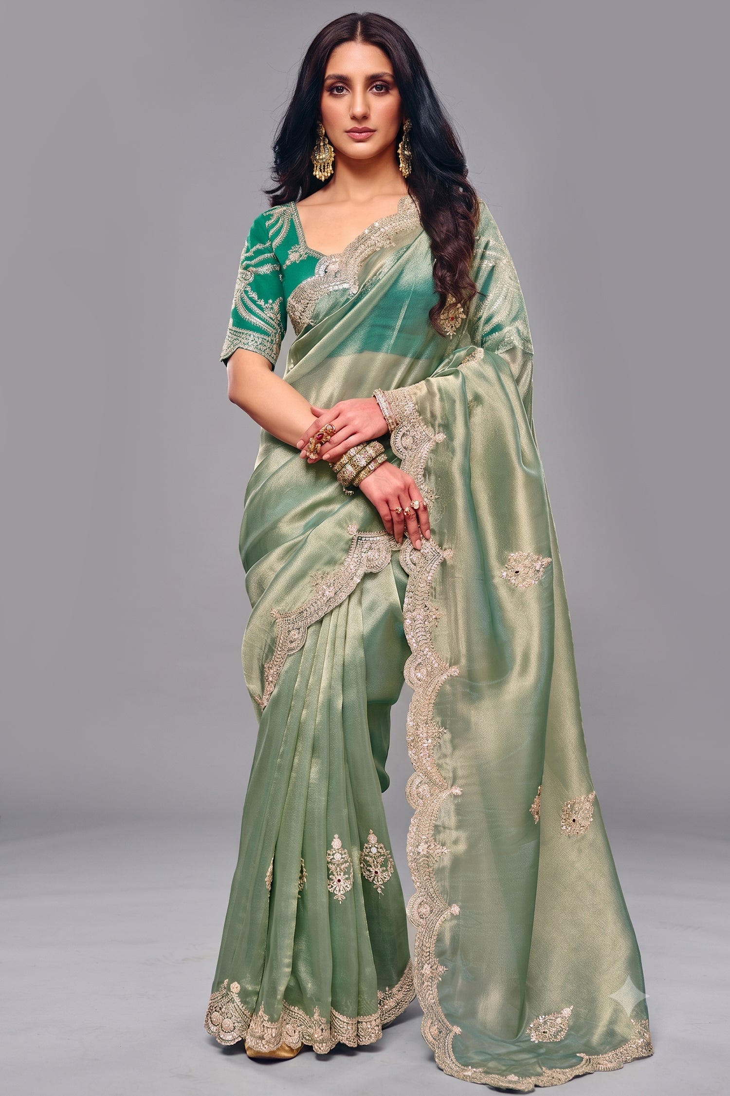 Mint Green Saree In Scallop Border with Featuring Intricate Sequin Work Main image