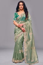 Mint Green Saree In Scallop Border with Featuring Intricate Sequin Work