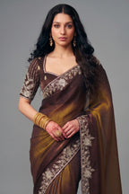 Bronze Ombre Organza Satin Saree Showcasing Heavy Sequin Embroidery