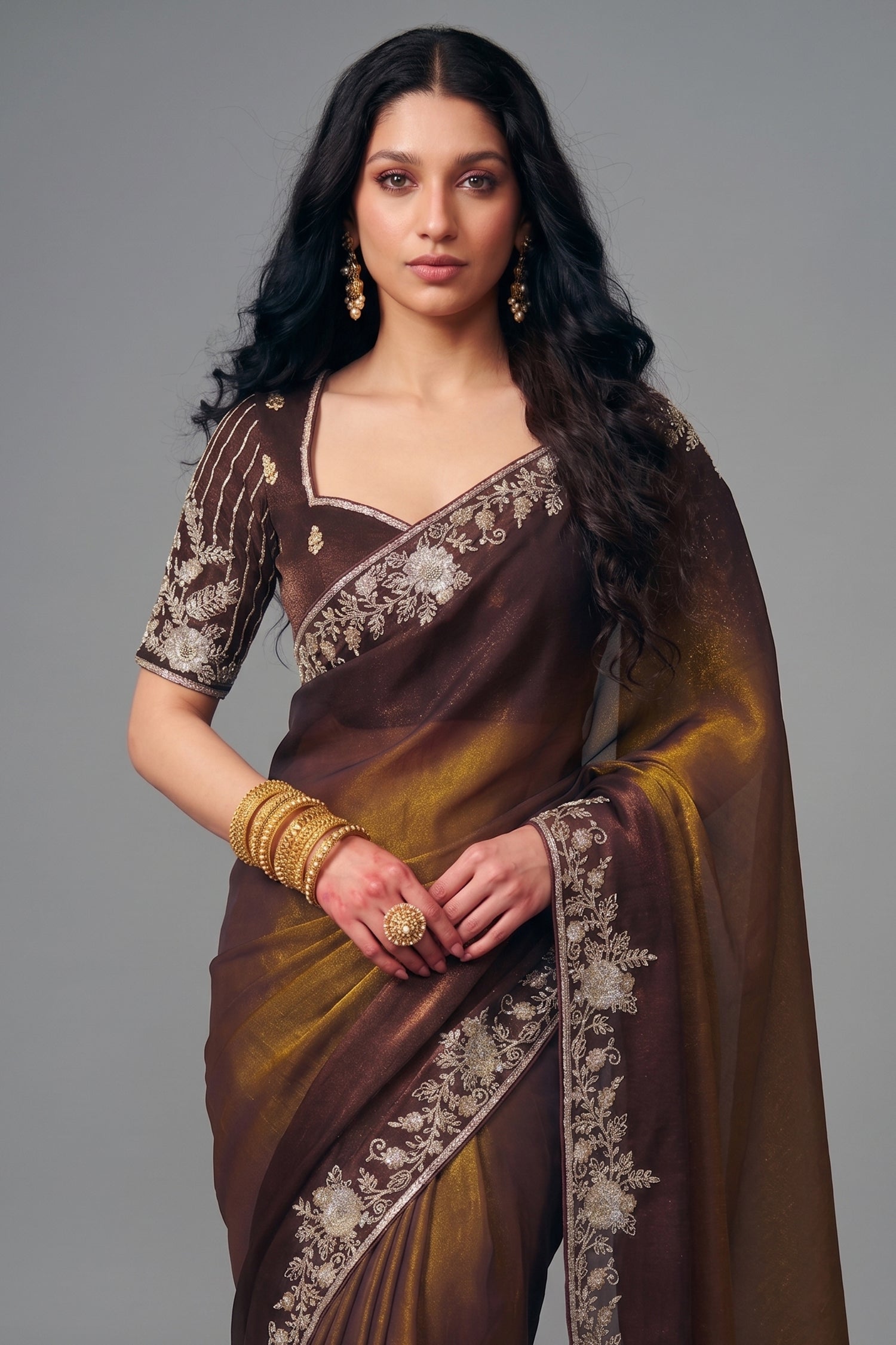Bronze Ombre Organza Satin Saree Showcasing Heavy Sequin Embroidery