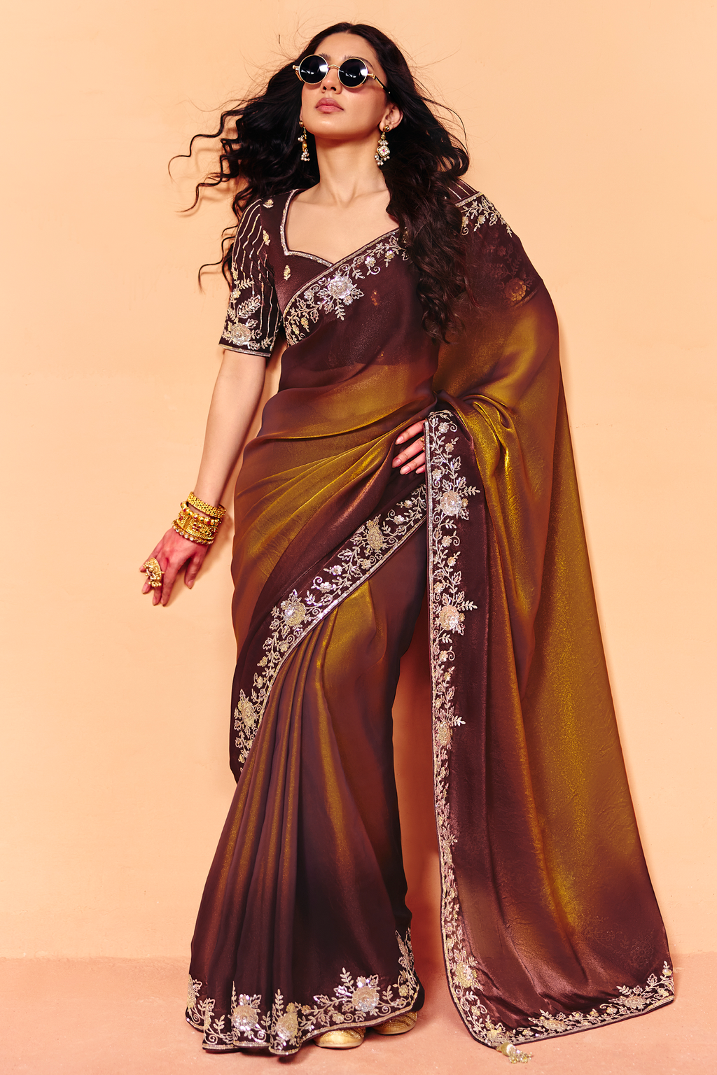 Bronze Ombre Organza Satin Saree Showcasing Heavy Sequin Embroidery