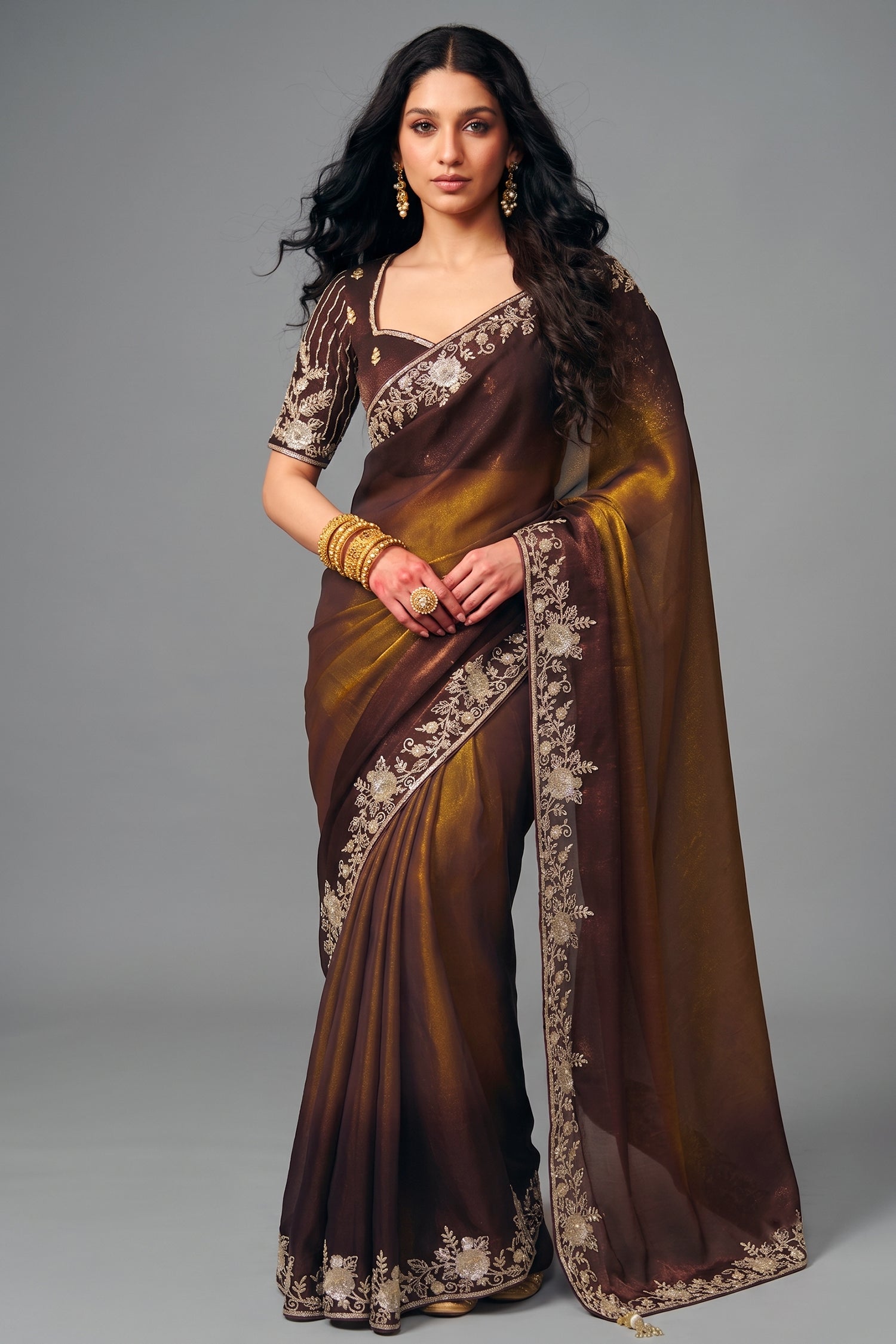Bronze Ombre Organza Satin Saree Showcasing Heavy Sequin Embroidery