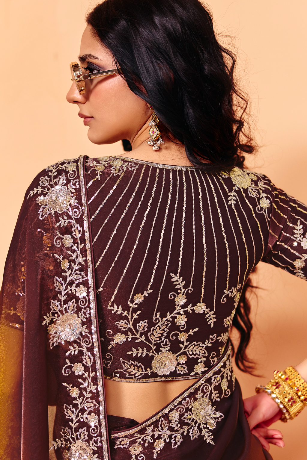 Bronze Ombre Organza Satin Saree Showcasing Heavy Sequin Embroidery