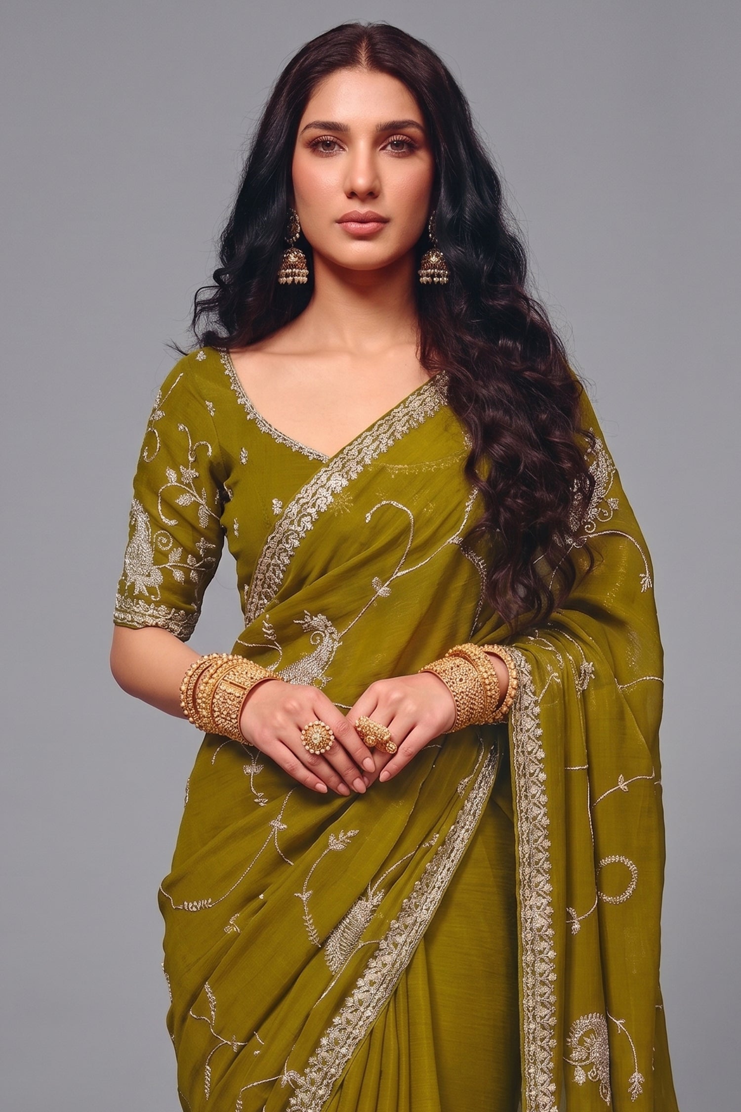 Olive Green Organza Satin Saree Embellished with Heavy Sequin Embroidery Secondary image