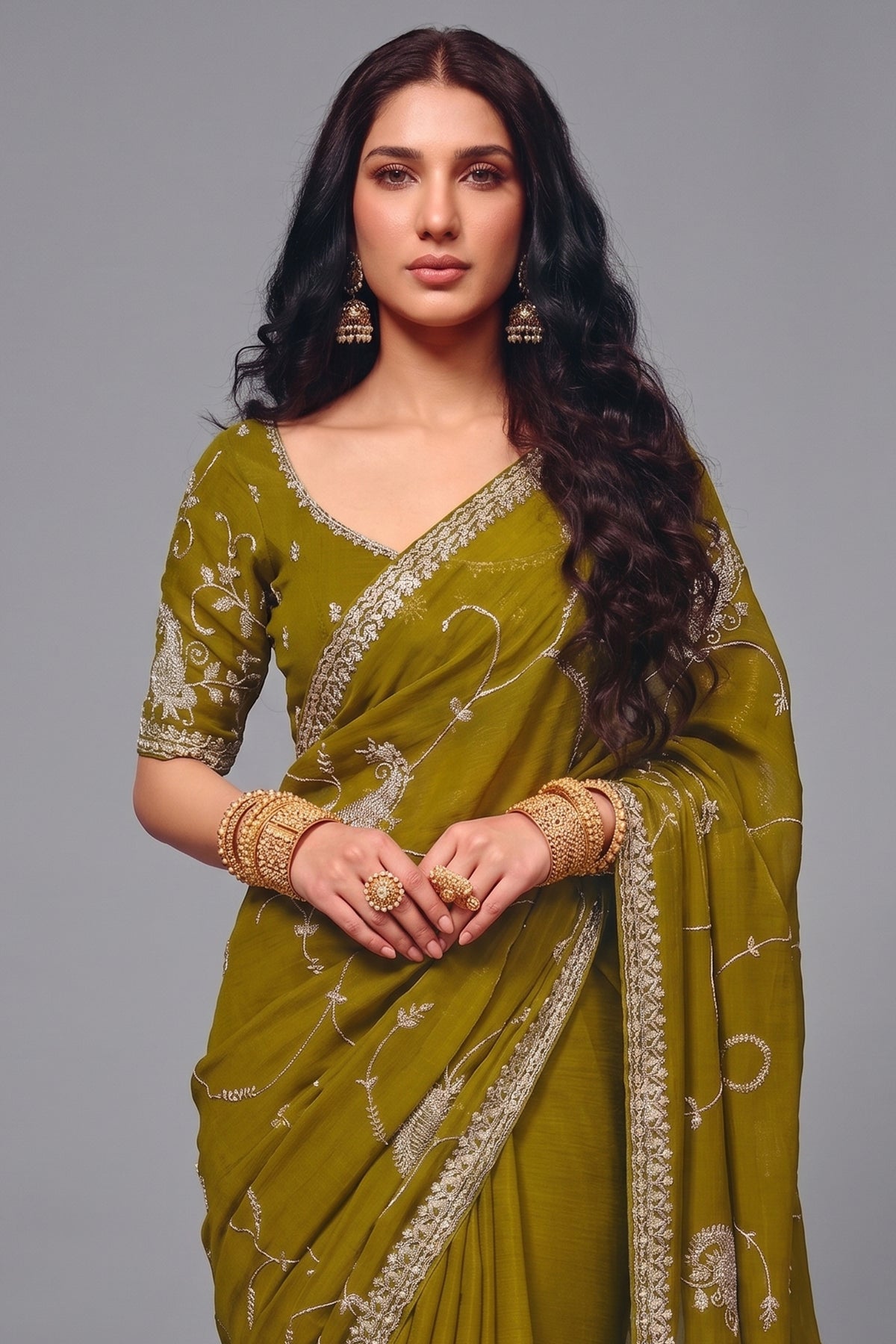Olive Green Organza Satin Saree Embellished with Heavy Sequin Embroidery