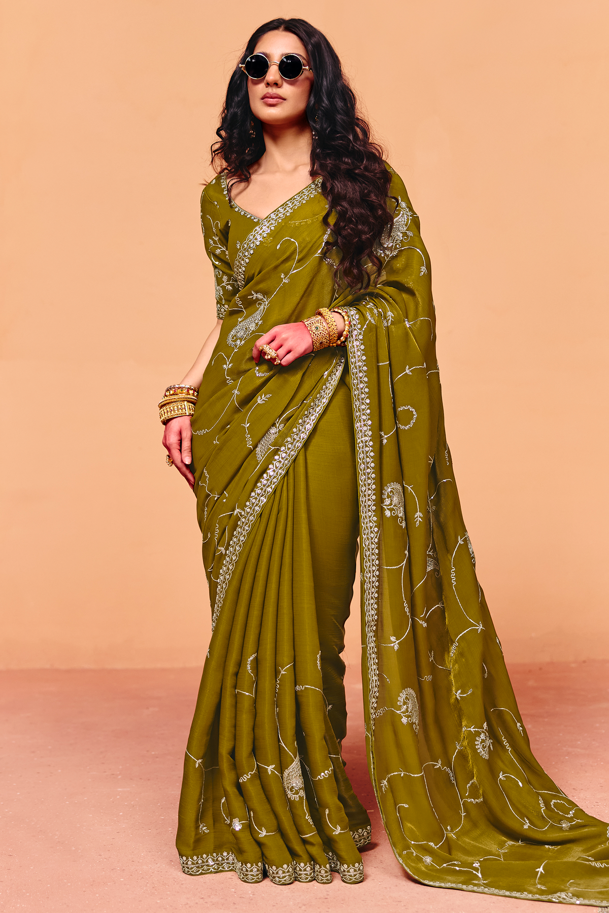 Olive Green Organza Satin Saree Embellished with Heavy Sequin Embroidery