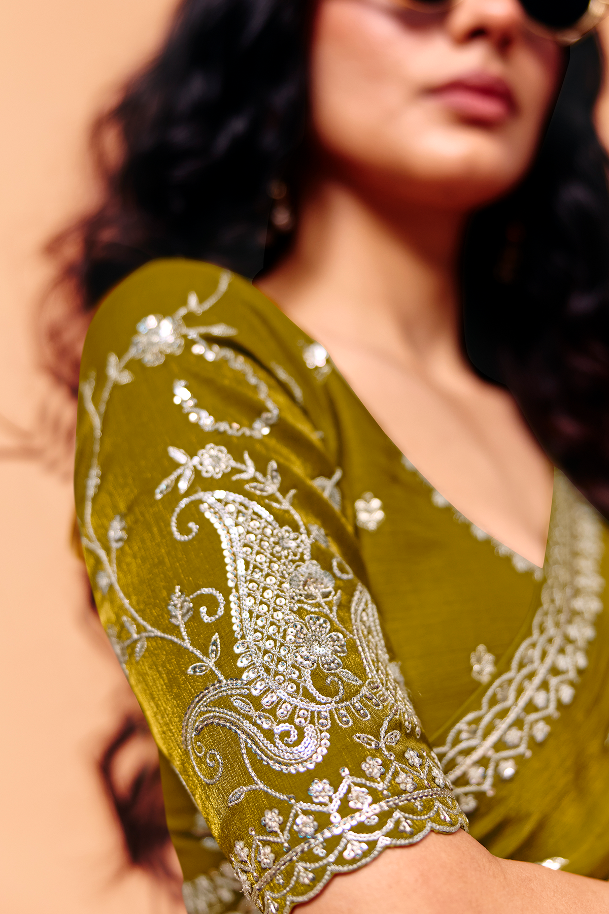 Olive Green Organza Satin Saree Embellished with Heavy Sequin Embroidery