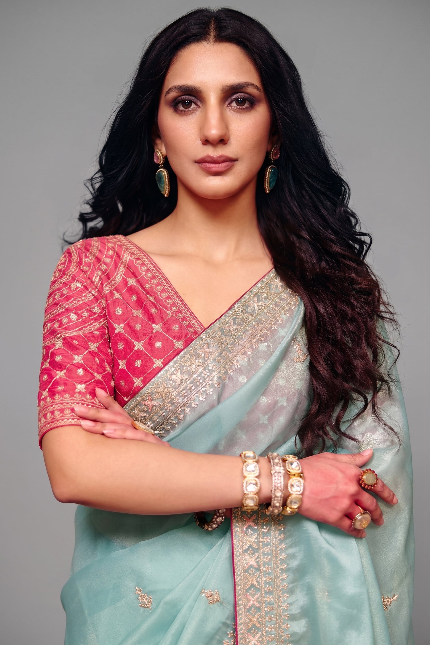 Ice Blue Organza Saree Featuring Heavy Sequin Embroidery Secondary image
