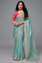Ice Blue Organza Saree Featuring Heavy Sequin Embroidery
