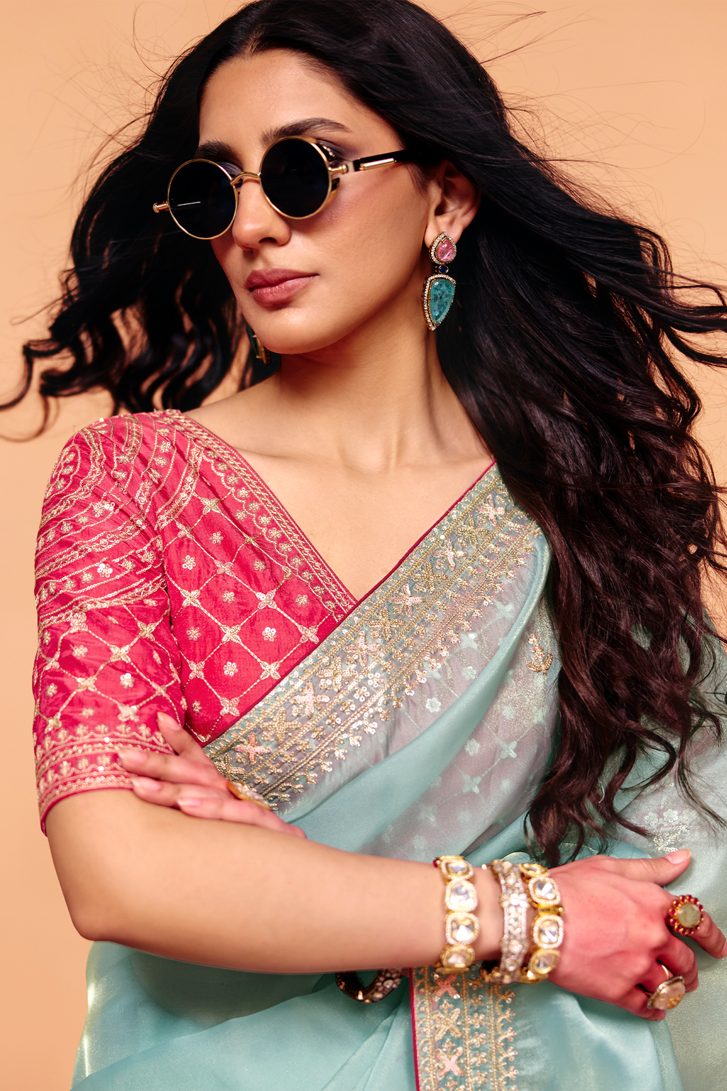 Ice Blue Organza Saree Featuring Heavy Sequin Embroidery