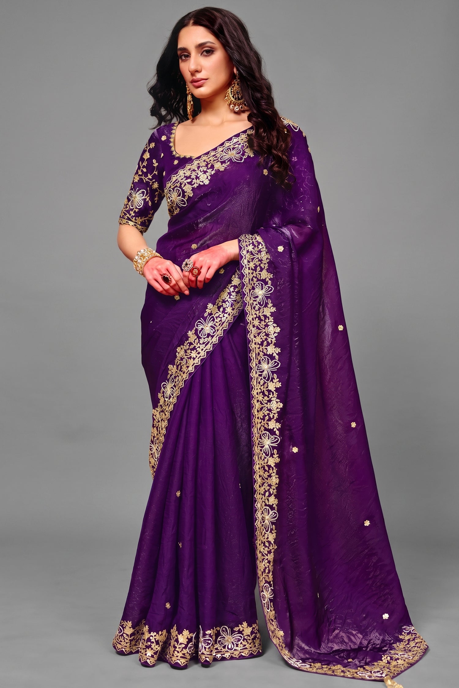 Rich Plum Purple Organza Crush Saree with Heavy Sequin Work