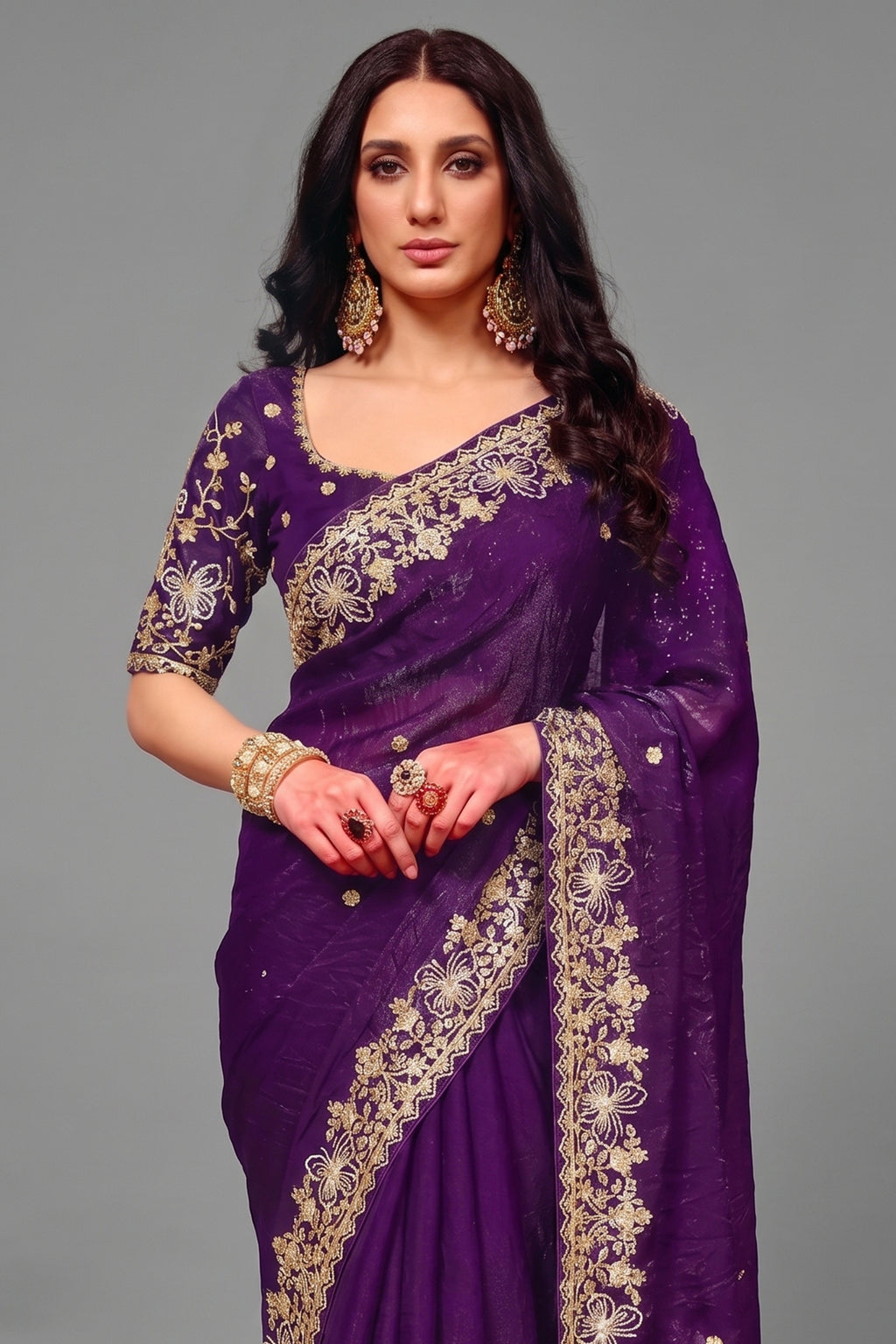 Rich Plum Purple Organza Crush Saree with Heavy Sequin Work