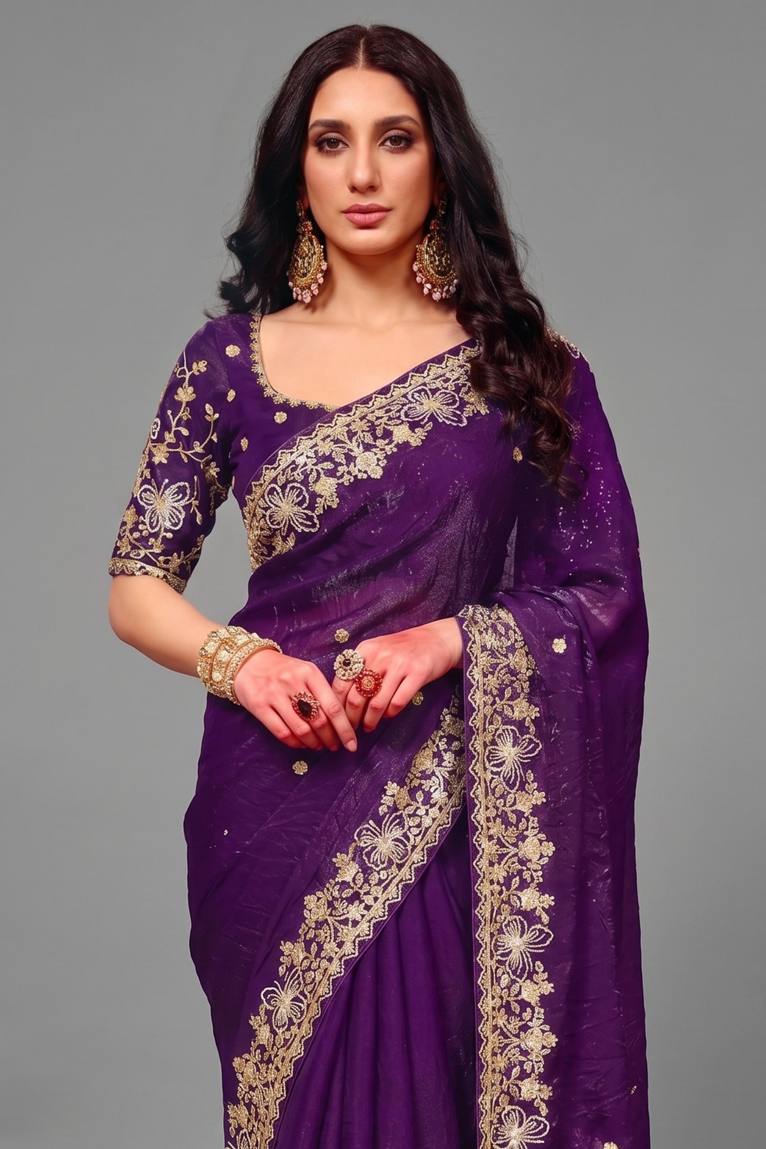 Rich Plum Purple Organza Crush Saree with Heavy Sequin Work