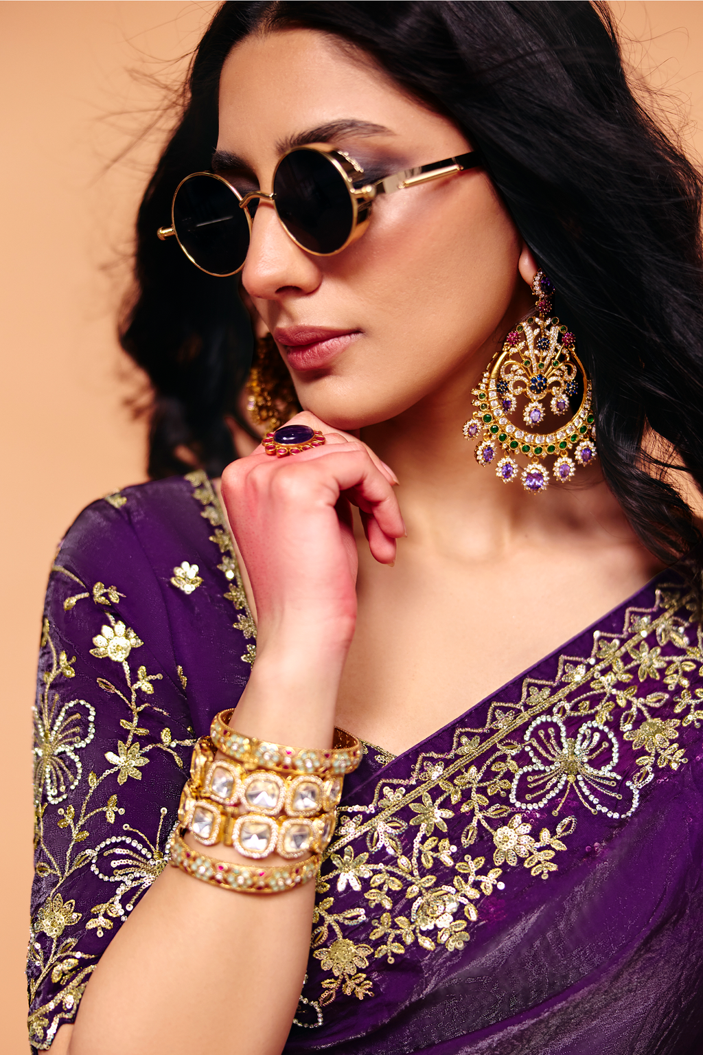 Rich Plum Purple Organza Crush Saree with Heavy Sequin Work